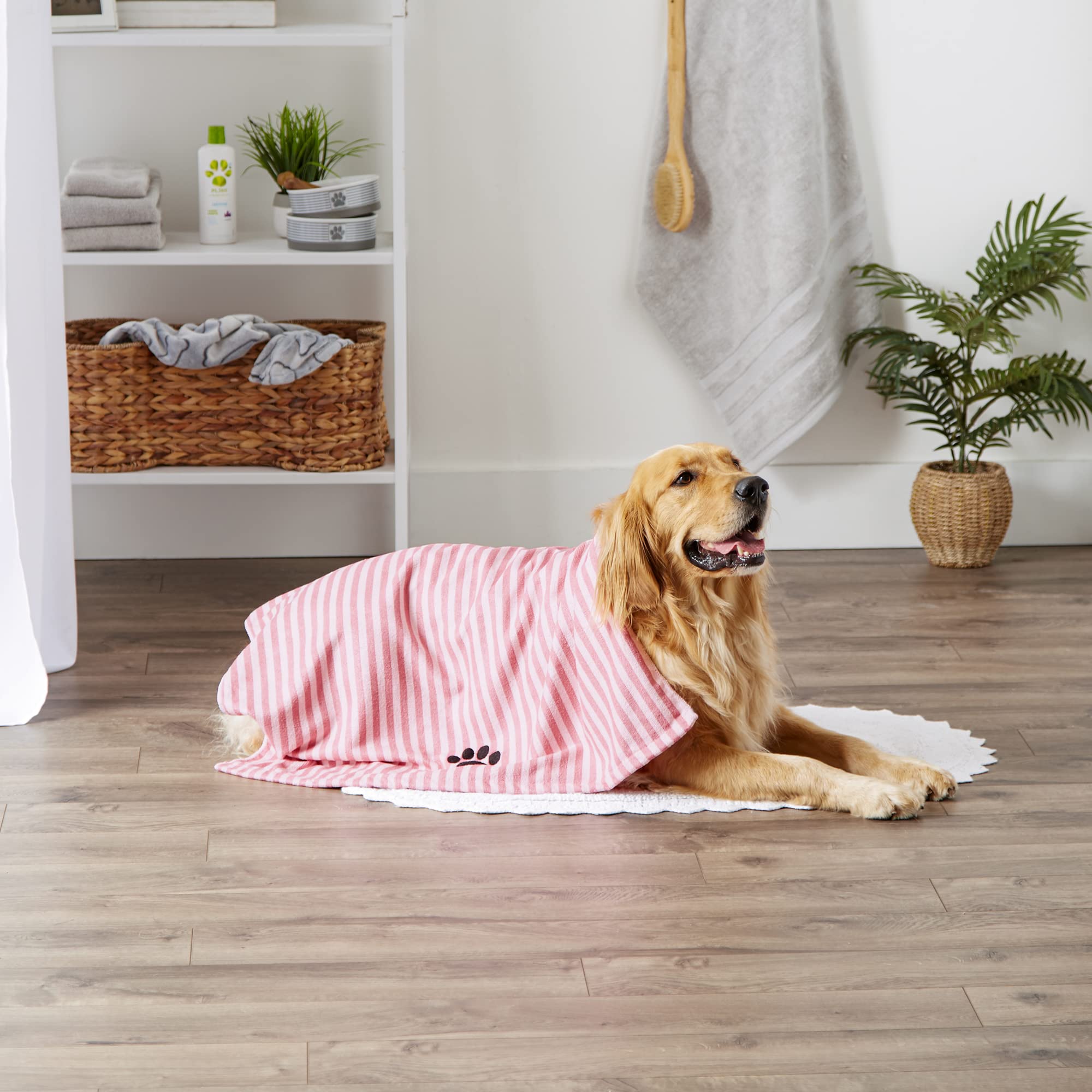 Bone Dry Pet Grooming Towel Collection Absorbent Microfiber X-Large, 41X23.5', Striped Rose