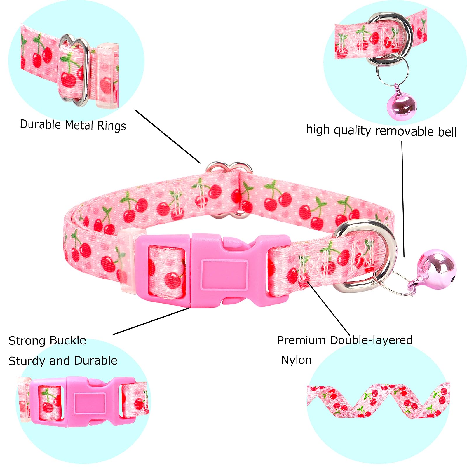 Cute Xxs Xs Dog Collar With Bell,Pink Cherry Puppy Collar Tiny Cat Collars With Bells For Xs Small Pet Boy And Girl Dogs Kitten