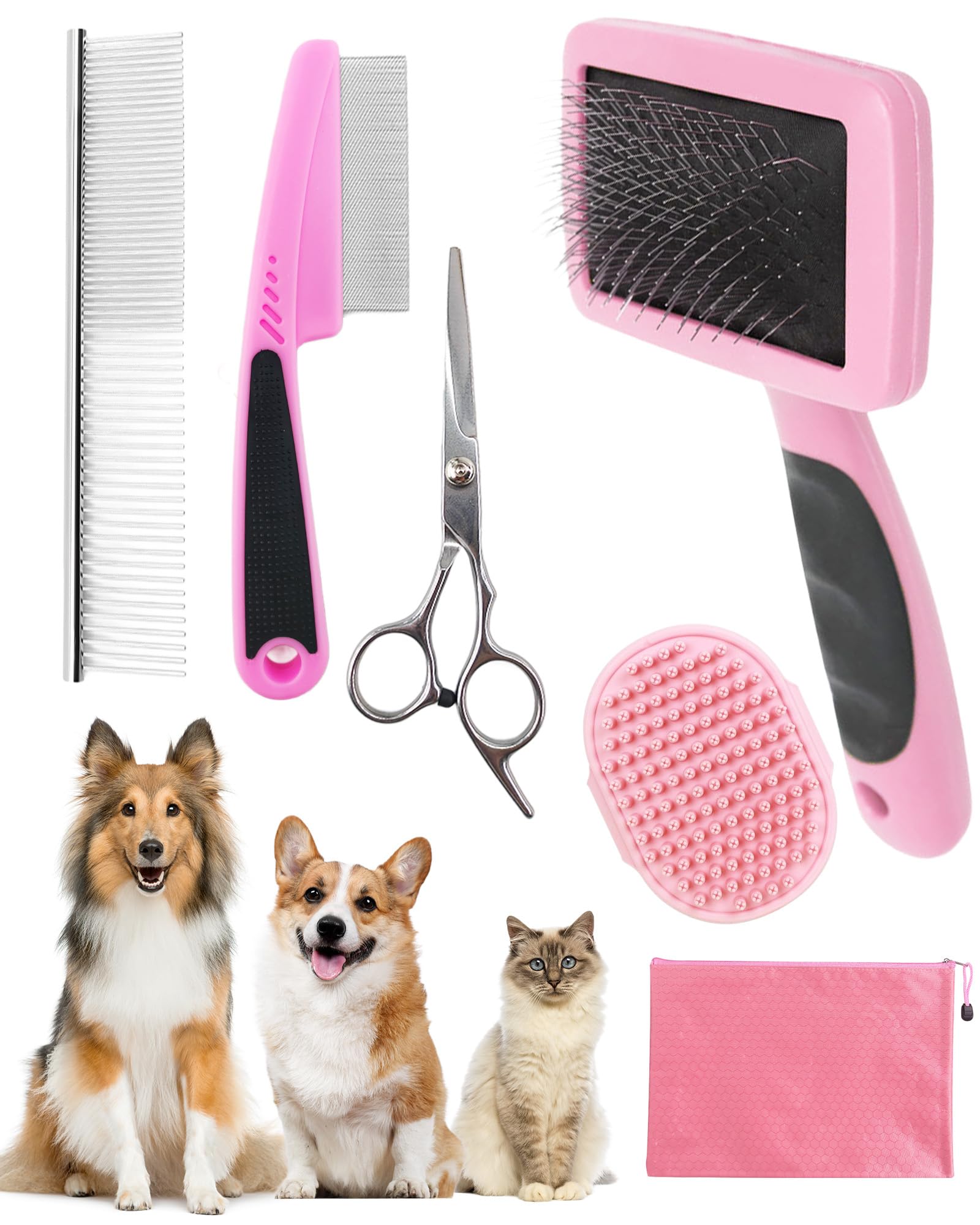 Kueiox Dog Brush For Shedding Grooming,6 Pack Long-Pin Brush Set For Long Haired Dog Cat Goldendoodles Poodles Doodles Pink