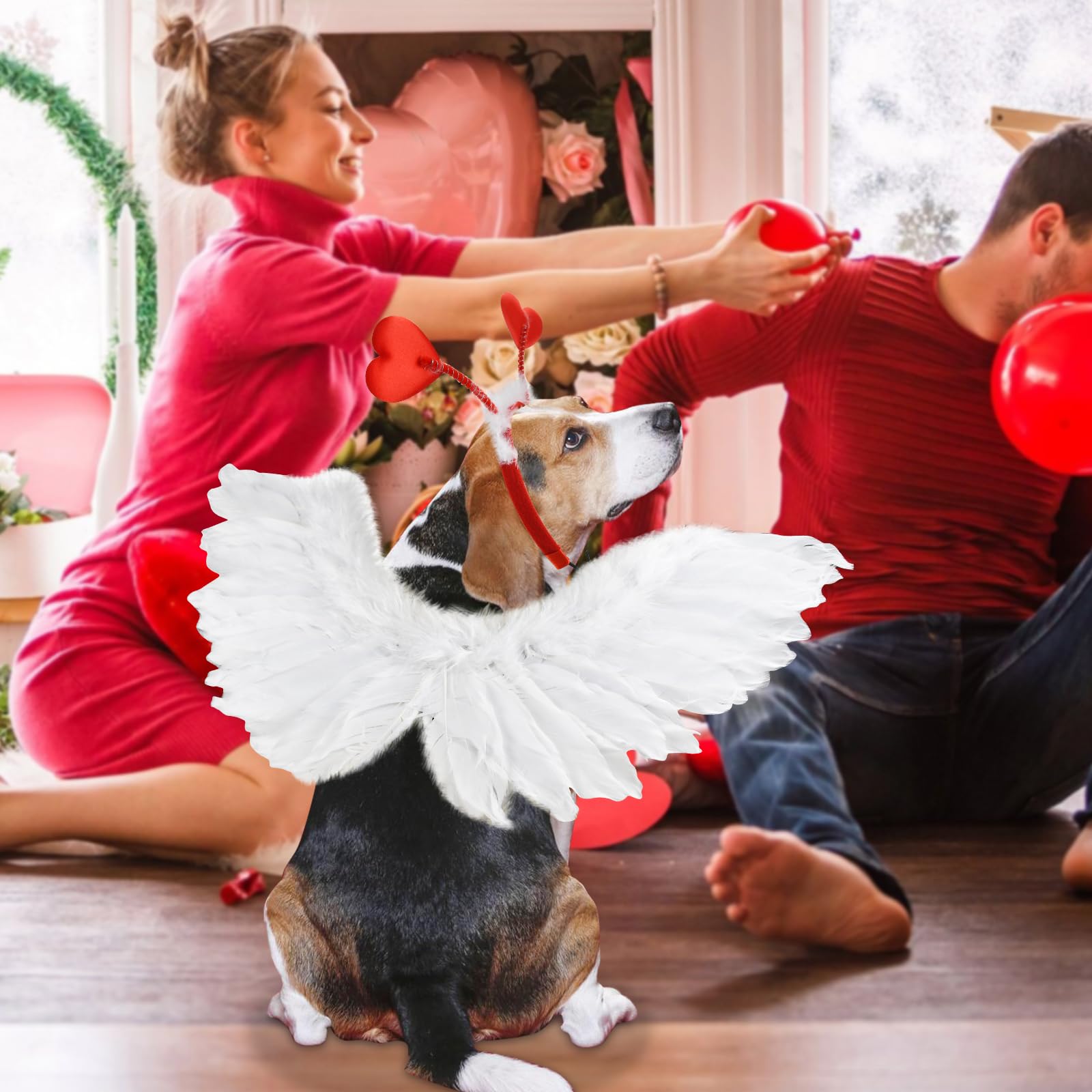 Shurung Dog Sweeat Heart Headband Valentin'S Day Costume Set With White Feather Wing Heart Headband Love-Themed Dog Outfits For