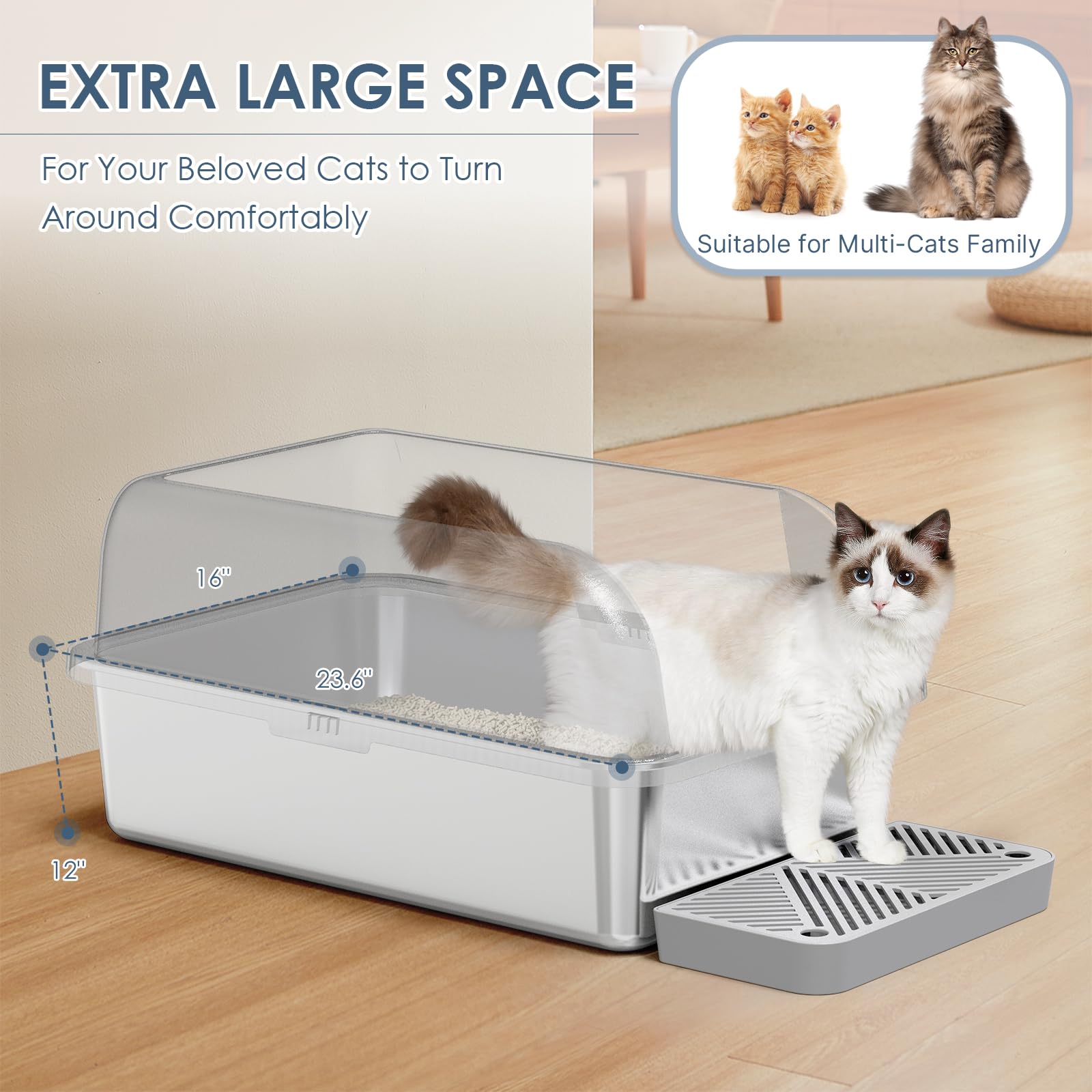 2 Pack Xl Stainless Steel Litter Box Enclosure With Lid, Stainless Steel Cat Litter Pan For Big Cats, Large Metal Litter Box Wit