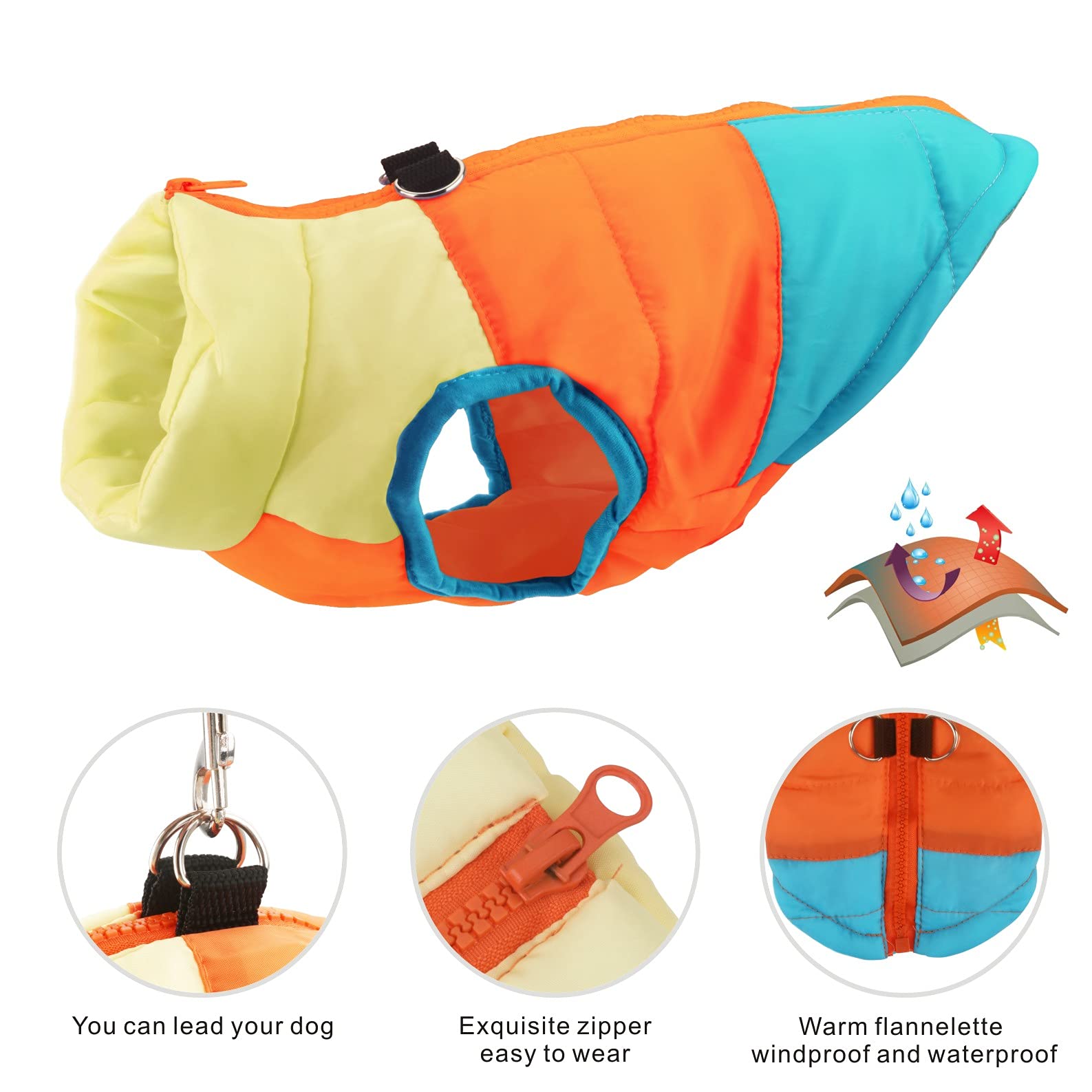 Idepet Pet Dog Cat Coat With Leash Anchor Color Patchwork Padded Puppy Vest Jacket Teddy Chihuahua Costumes Pug Cloth Xs S M L (X-Large, Sky Blue)