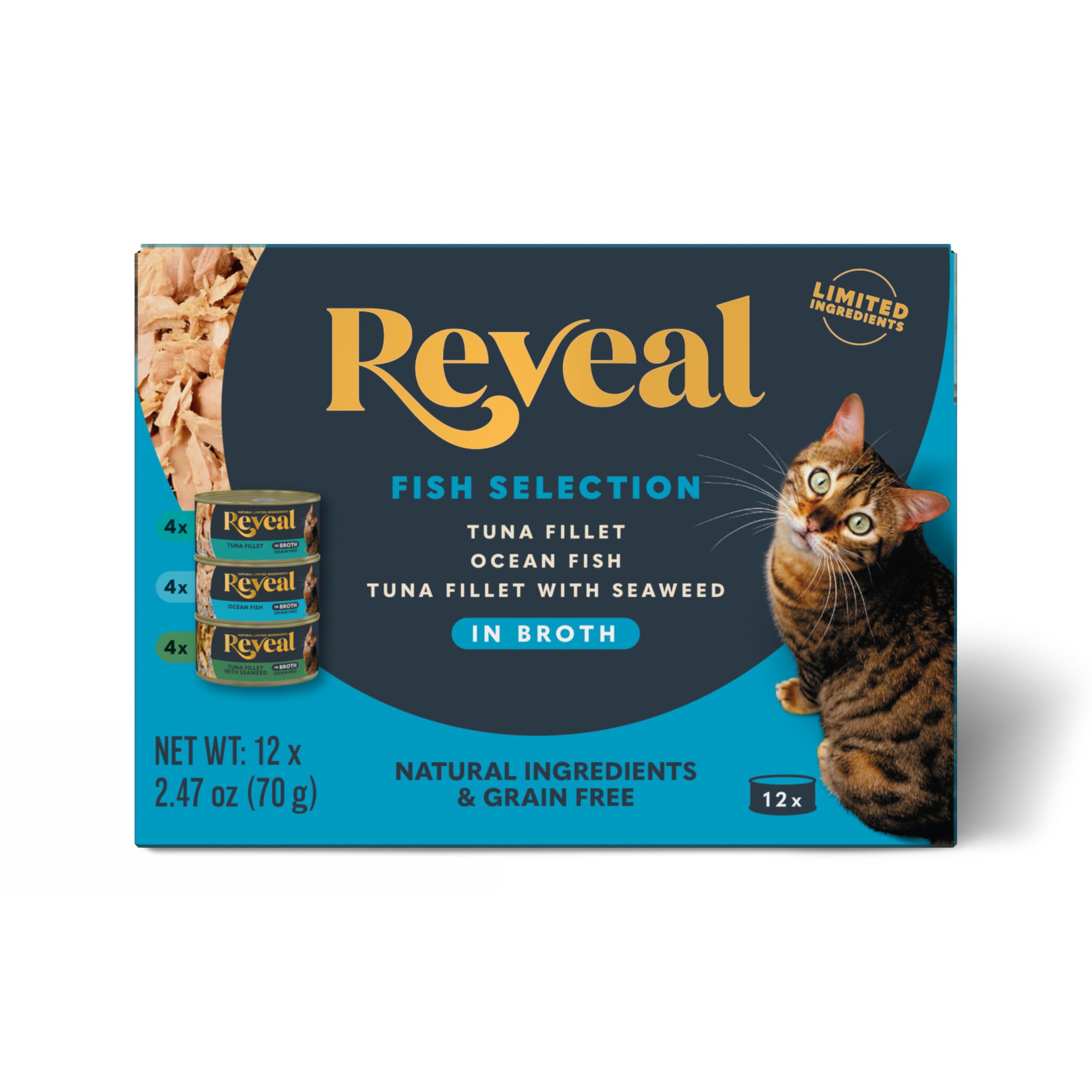 Reveal Natural Wet Cat Food, 12 Count, Grain Free, Limited Ingredient Canned Food for Cats, Fish Variety in Broth, 2.47 oz Cans