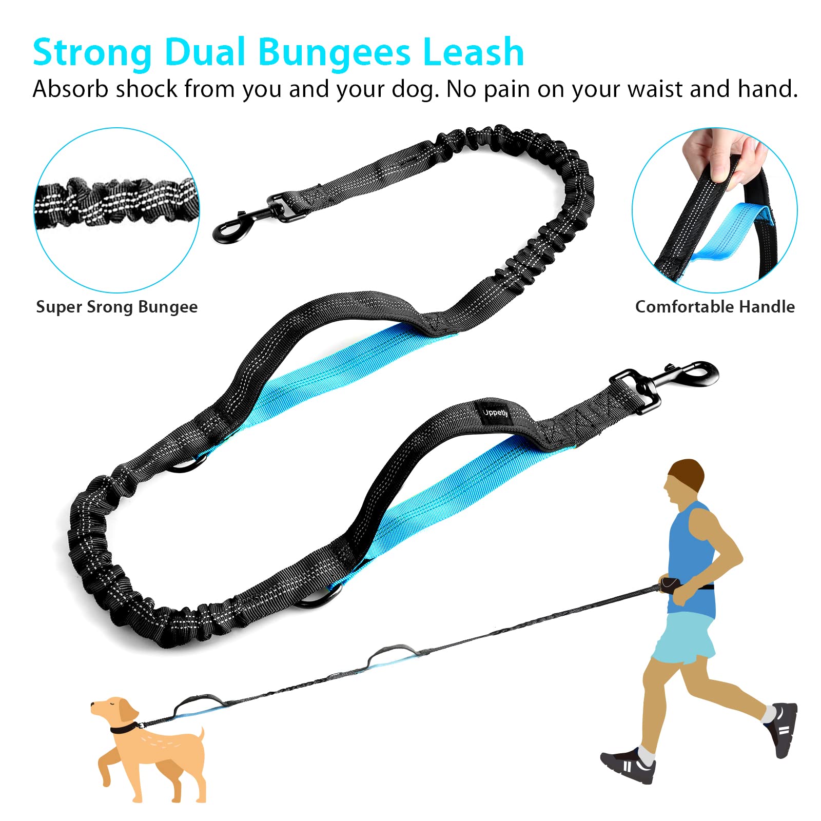 Uppetly Hands Free Dog Running Leash with Zipper Pouch, Dual Handle, Elastic Bungees Retractable Rope for Medium and Large Dogs,
