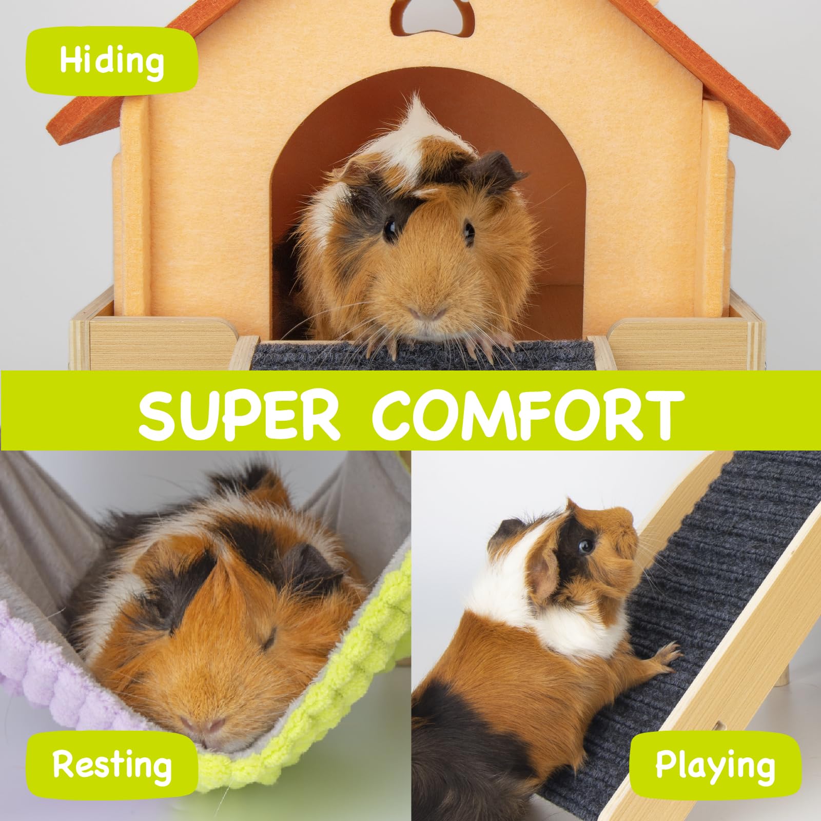 Besnew 3 In 1 Enlarged Guinea Pig Hammock,Wooden Guinea Pig Hideout With House & Platform & Stairs Small Animal Toys For Hiding