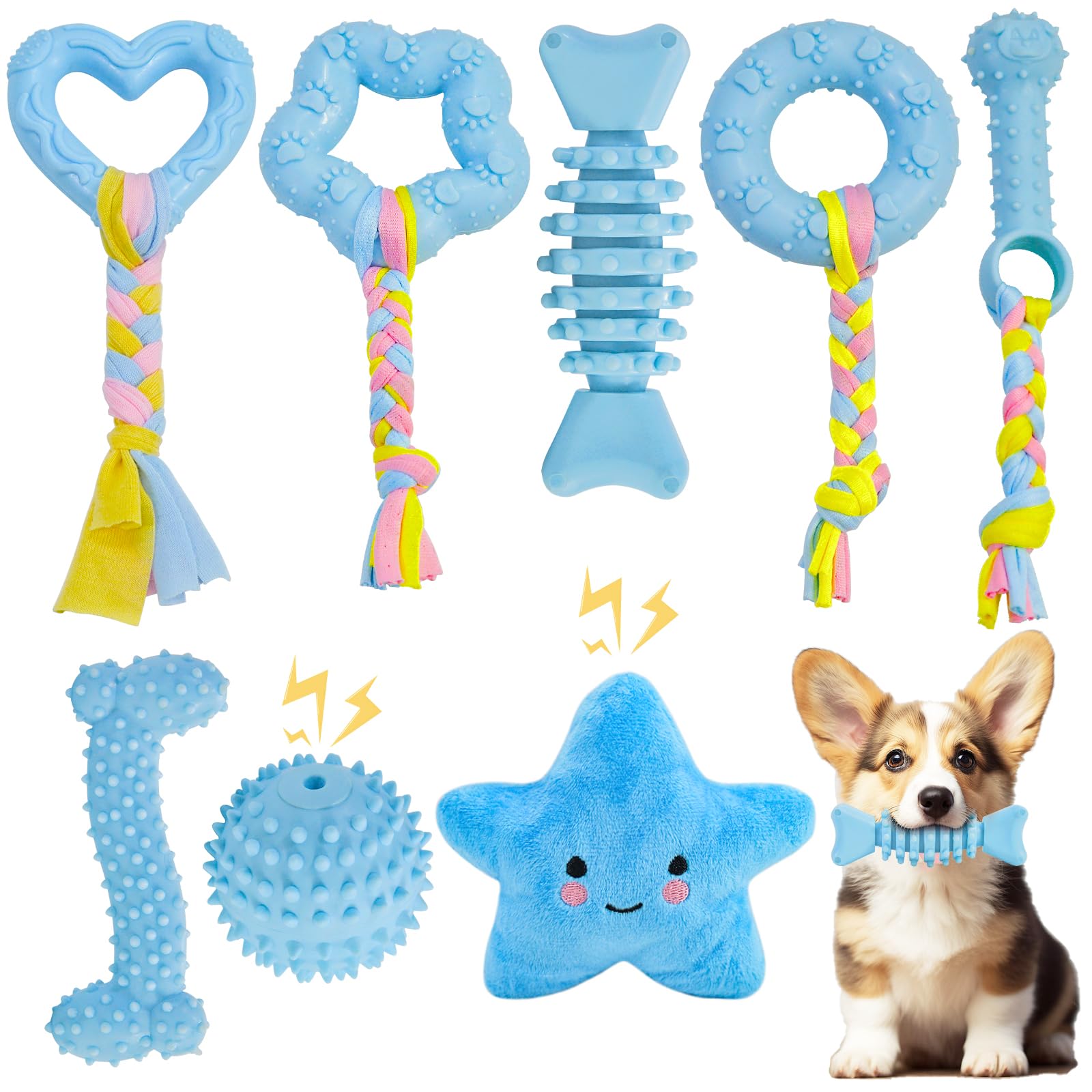 MRSOHRET Puppy Toys, 8 Pack Puppy Chew Toys for Teething, Cute Blue Small Dog Toys Set, Teething Toys for Puppies, Soft Durable 