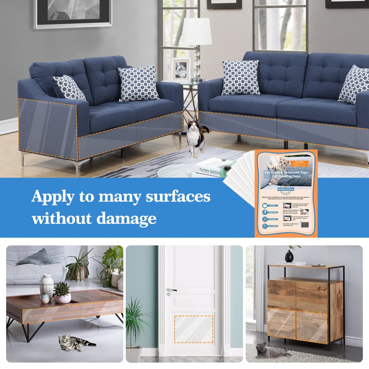 10 Pcs Extra Large Furniture Protectors From Cats, 5Pcs 17' X12” & 5Pcs 17'X10' Cat Scratch Deterrent Sheet, Double-Sided Training Tape, Cat Scratch Couch Protector