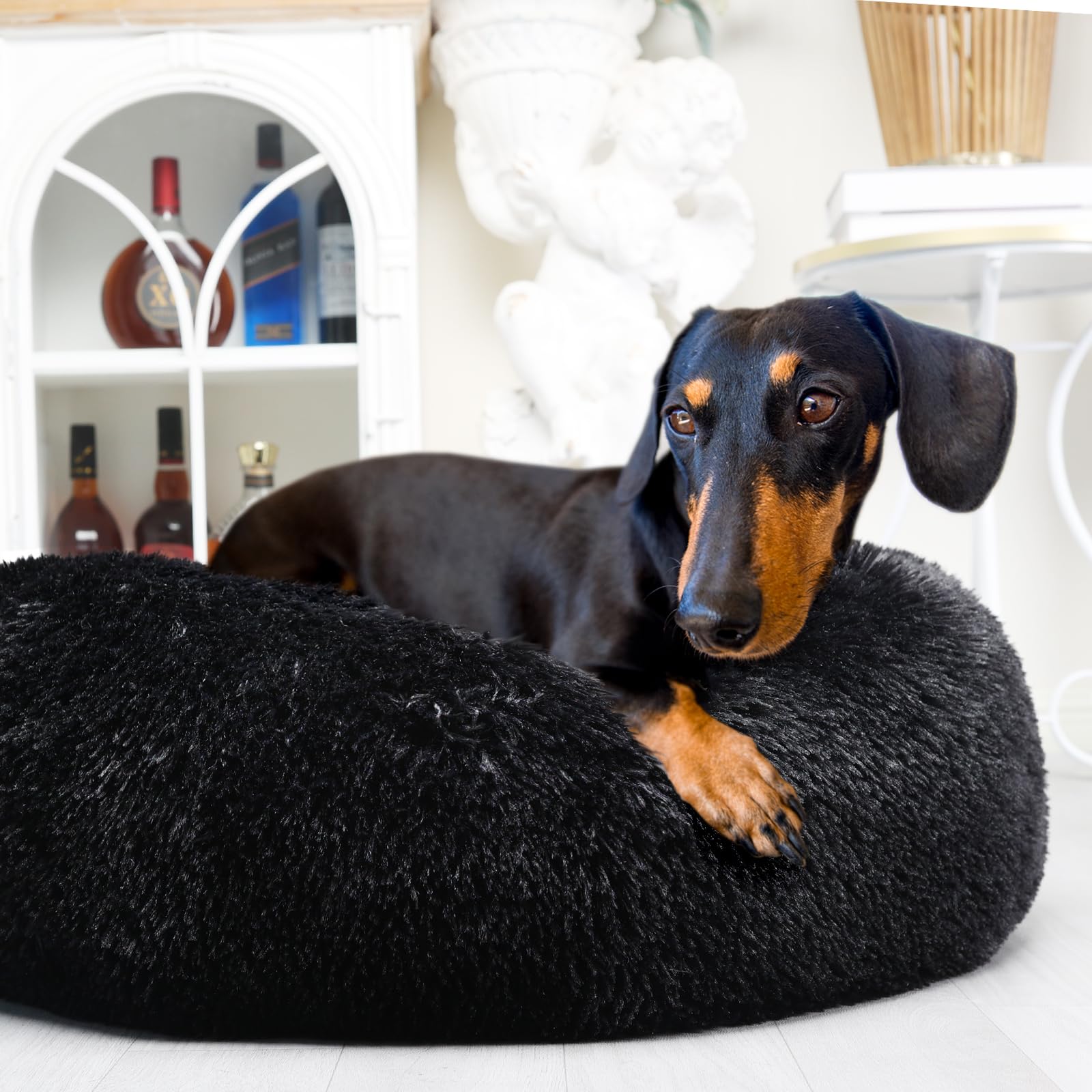 Dog Beds For Medium Dogs Washable Calming Bed For Dogs 28 Inches Black Fluffy And Soft Dog Bed Calm And Anti Anxiety Faux Fur Round Medium Sized Pet Bed For Dog