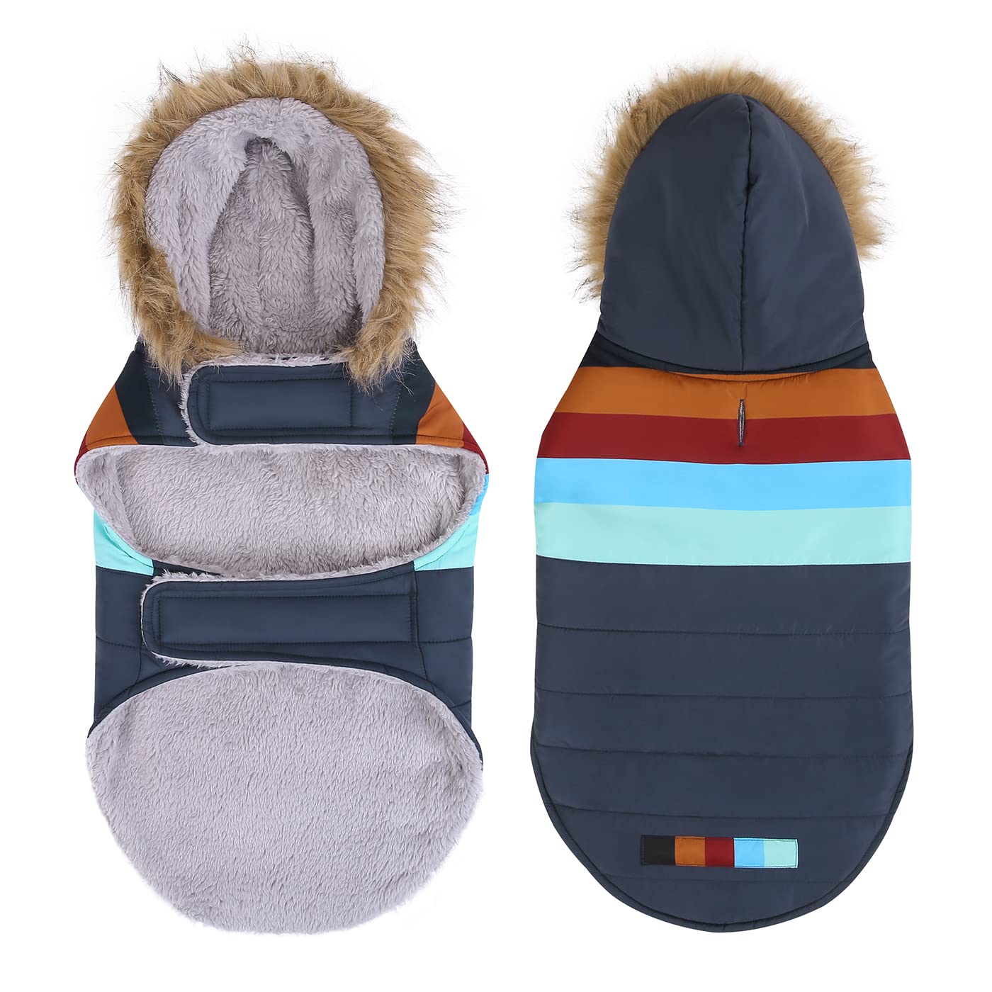 Hde Dog Puffer Jacket Fleece Lined Warm Dog Parka Winter Coat With Harness Hole Navy Retro Stripe - L