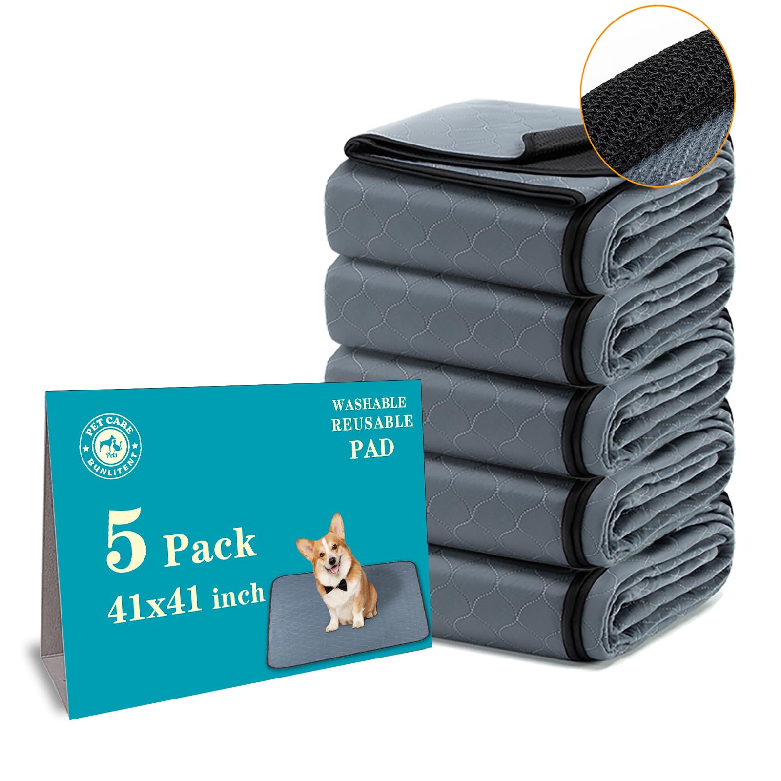 Bunlitent Washable Pee Pads For Dogs 41'' X 41'', 5 Pack, Reusable Puppy Pads, Dog Training Pads With Quick Dry, Large Anti-Slip