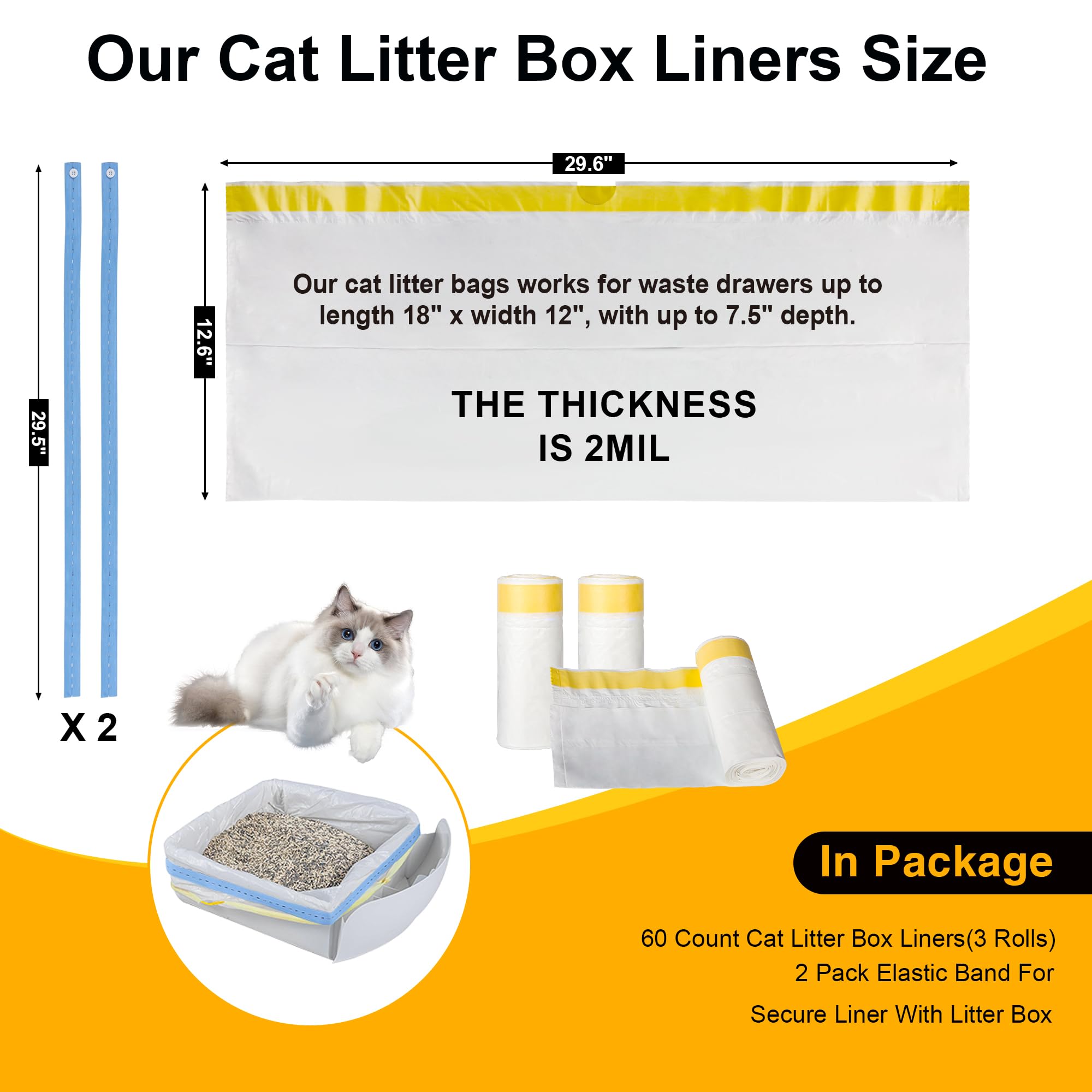 60 Count Cat Litter Pan Liners - Super Thick, Heavy Duty 29.6''X12.6'' Cat Litter Bags, Unscented, Compatible With Cleanpethome