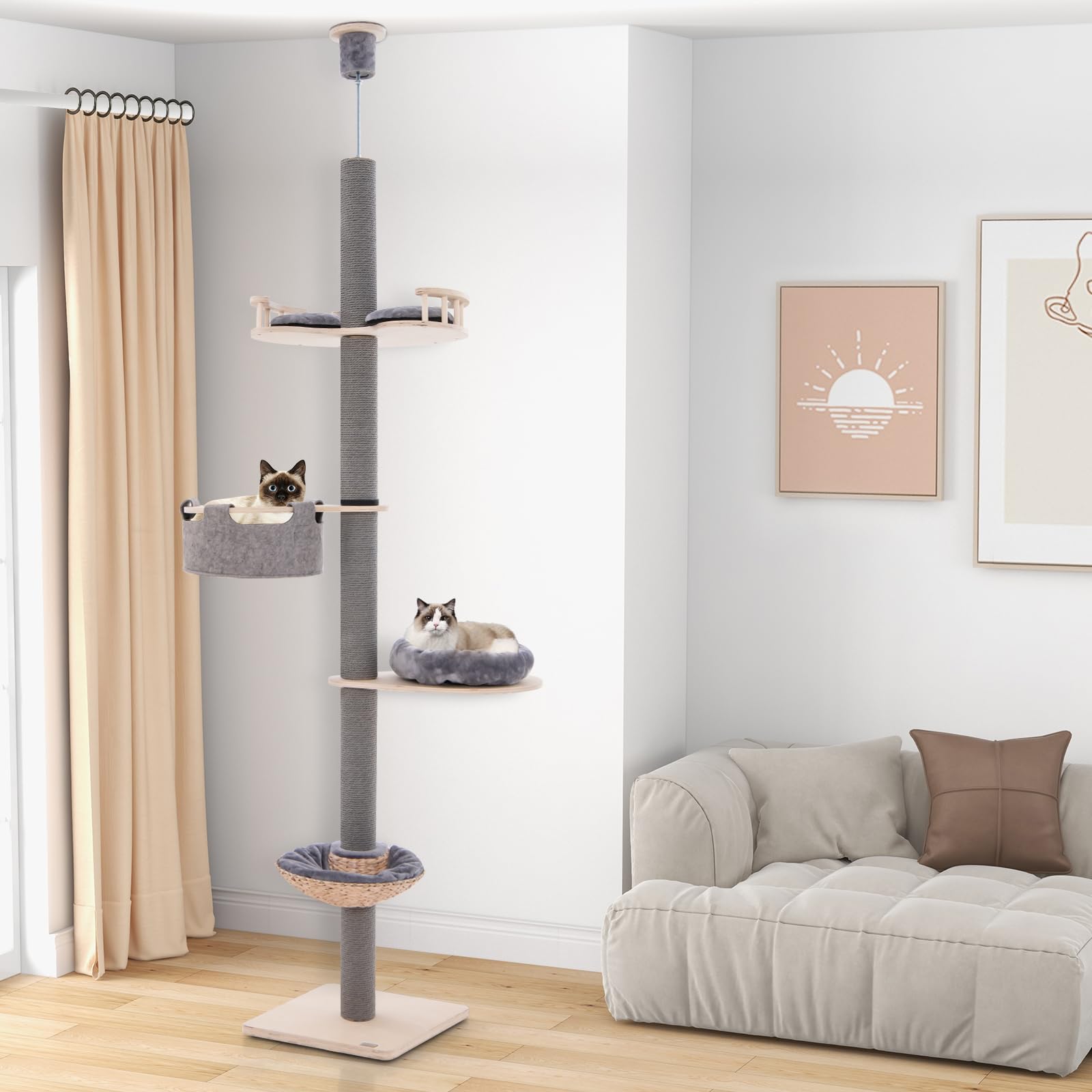 Tangkula Floor To Ceiling Cat Tree, Tall Cat Tower With Adjustable Height (93-107 Inch) For Large Cats, 5 Tier Cat Climbing Pole