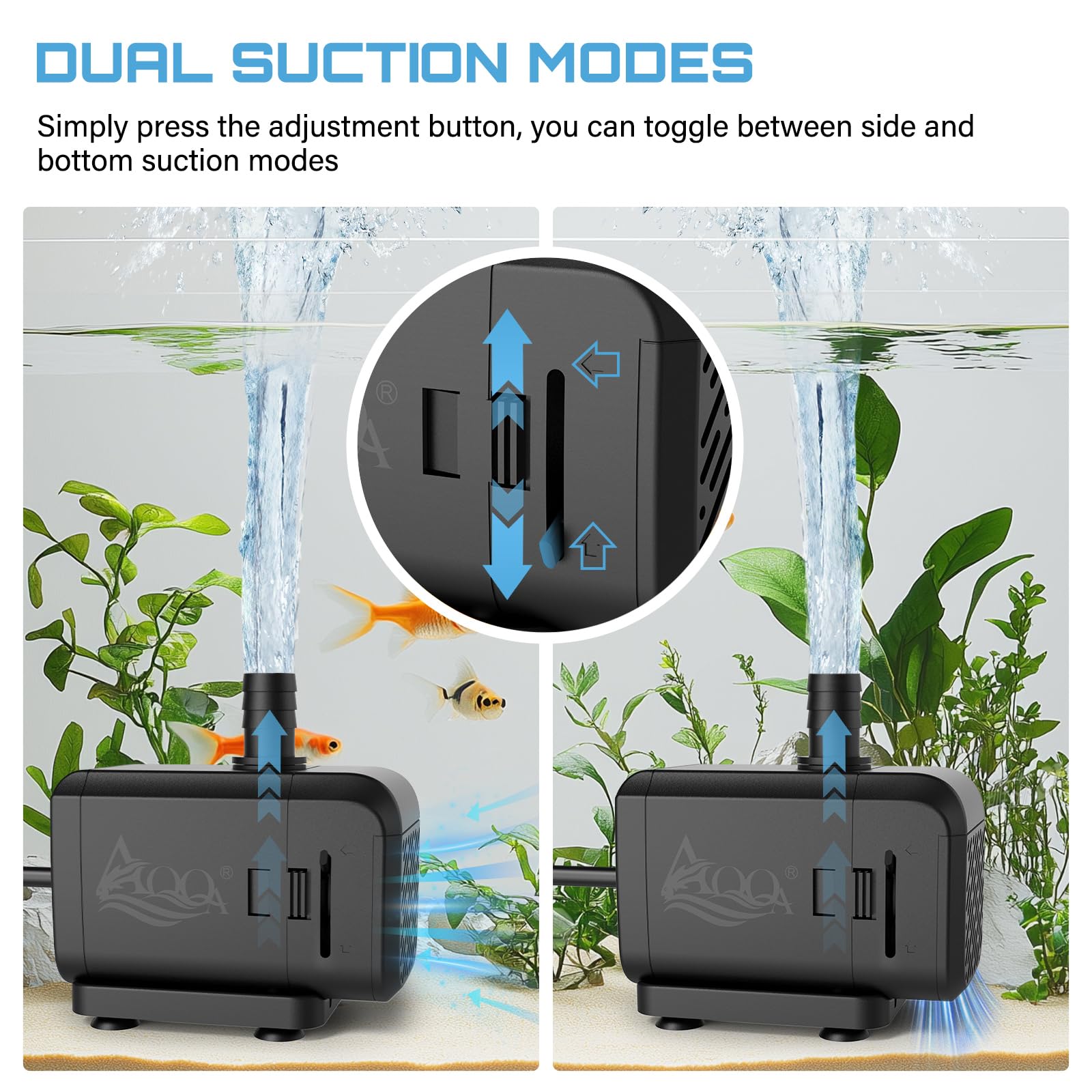AQQA Submersible Aquarium Water Pump, Fountain Pump with Adjustable Flow,Dual-Suction Side/Bottom Intake,Ultra-Quiet Thermal Pro