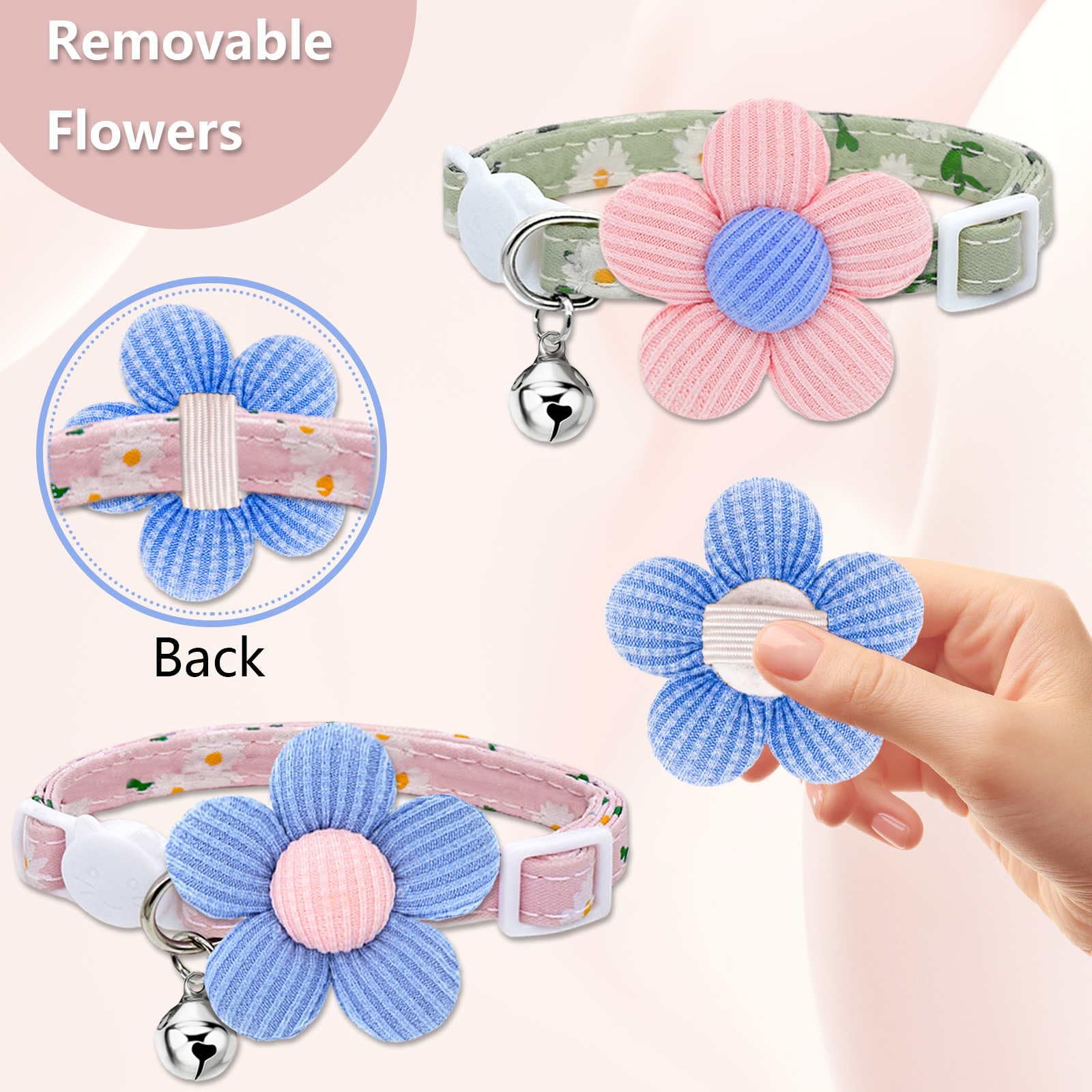 Cat Collar, Hanshilai Kitten Collar With Bells, Cute Cat Collar Breakaway For Girl Boy With Flower,Collar Para Gatos (2 Pack) (F