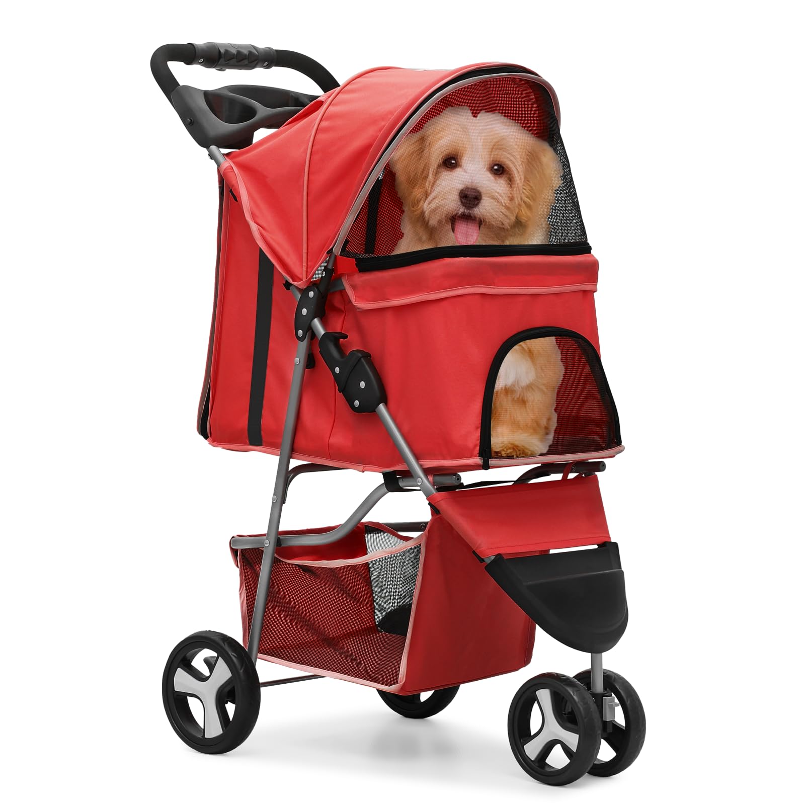 Monibloom 3 Wheels Pet Stroller, Foldable Puppy Cage Jogger Stroller With Weather Cover For All-Season, Storage Basket And Cup Holder, Breathable And Visible Mesh For Small/Medium Pets, Red