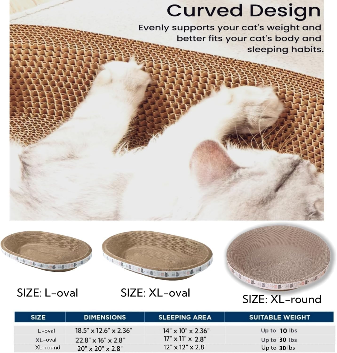Spindro Large Cat Scratcher Bed - Oval Cardboard Lounge, 18.5"x12.6"x2.4", White, 2 Pack, Furniture Protector for Cats