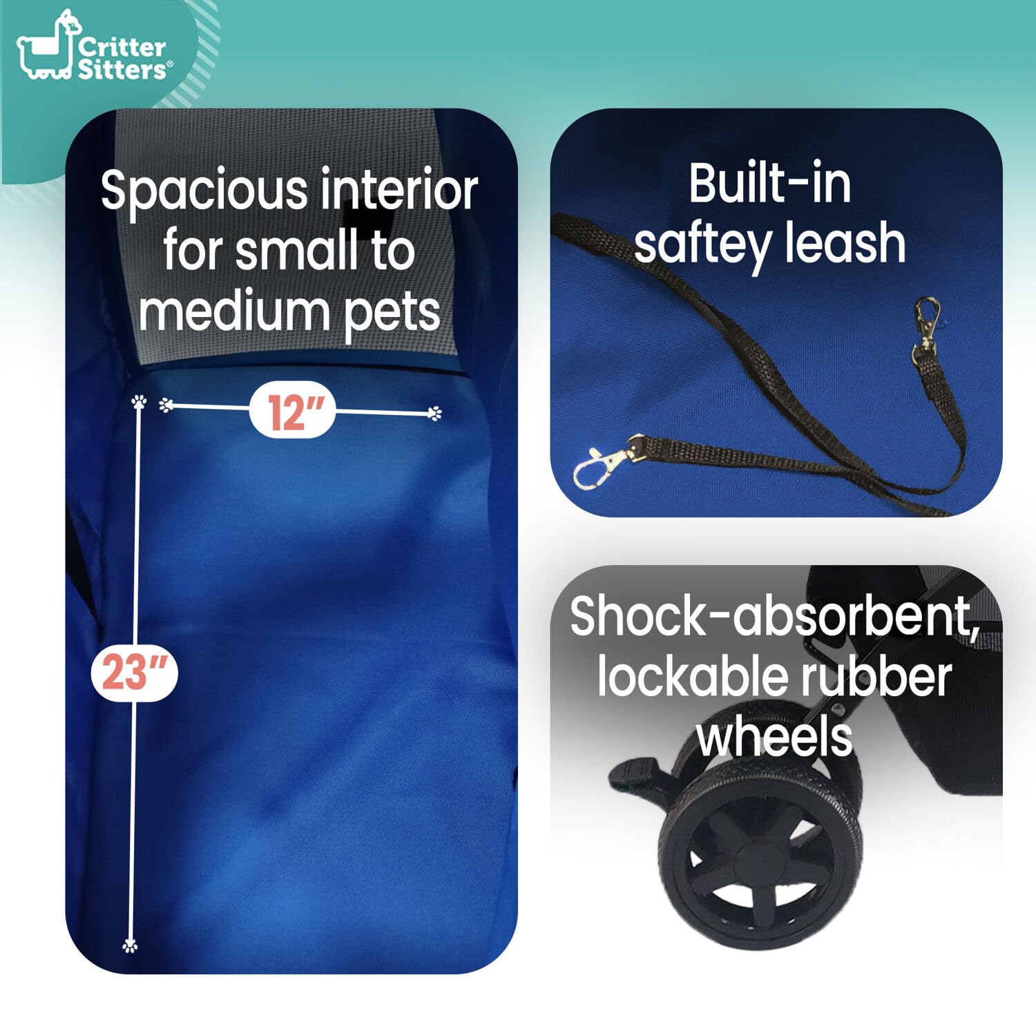 Critter Sitters Double Pet Stroller with Storage - Cat & Dog Stroller for Animals up to 44 lbs, Blue