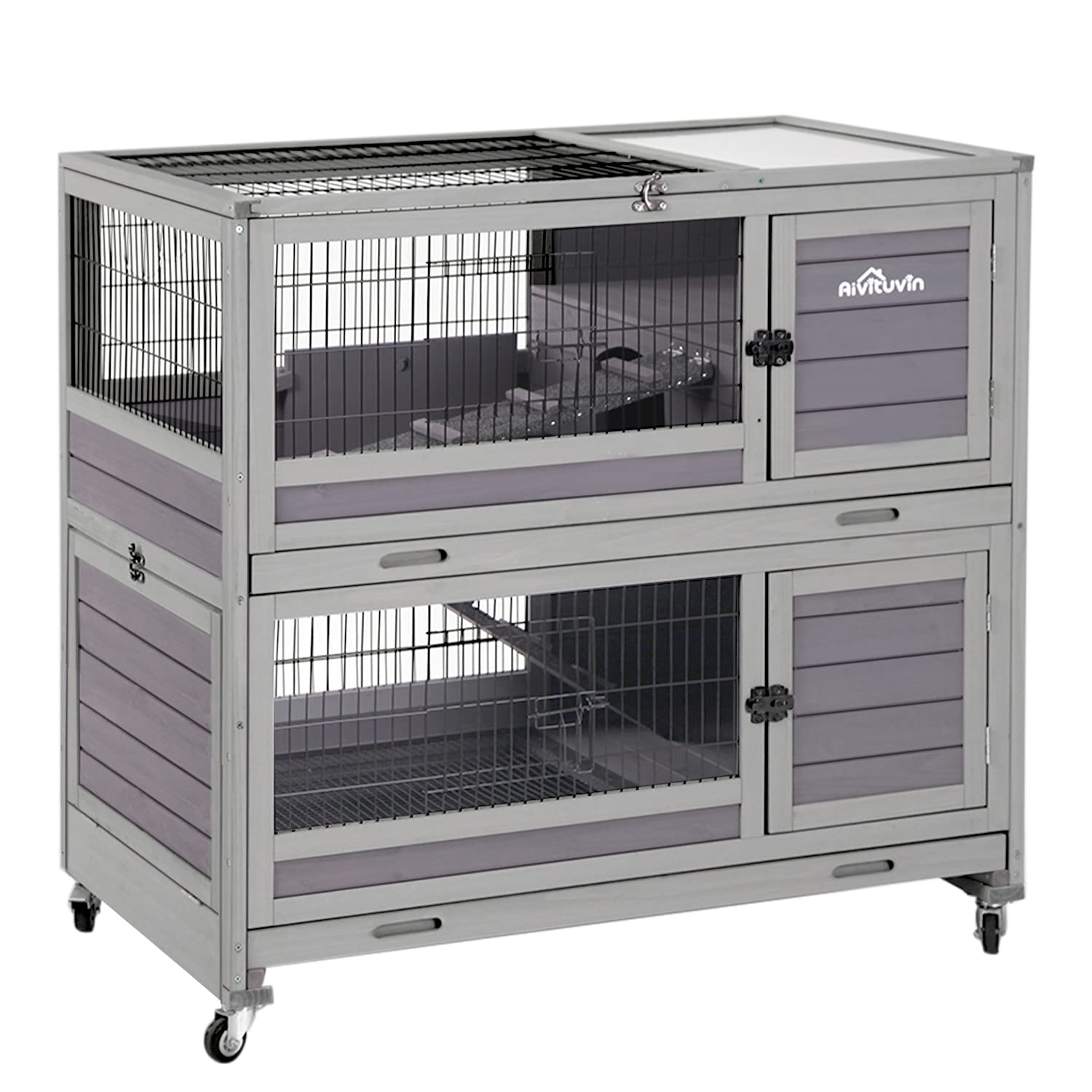Aivituvin Rabbit Hutch Rabbit Cage Outdoor & Indoor On Wheels Bunny Cage With Deep No Leak Pull Out Tray,Upgrade Version (Gray)