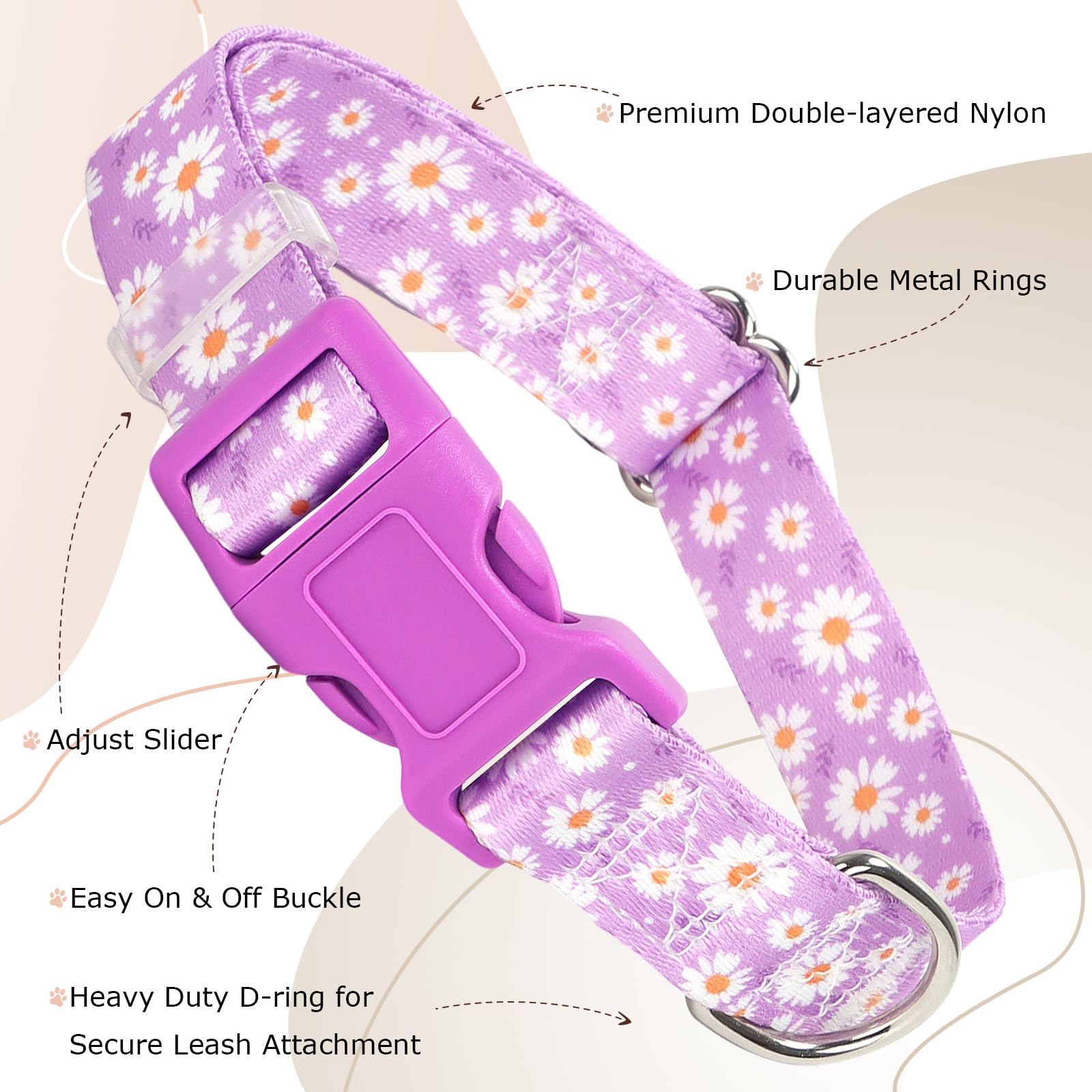 Purple Dog Collars For Medium Dogs, Cute Girl Dog Collar With Daisy Flowers Pattern, Adjustable Heavy Duty Pet Collar With Safet