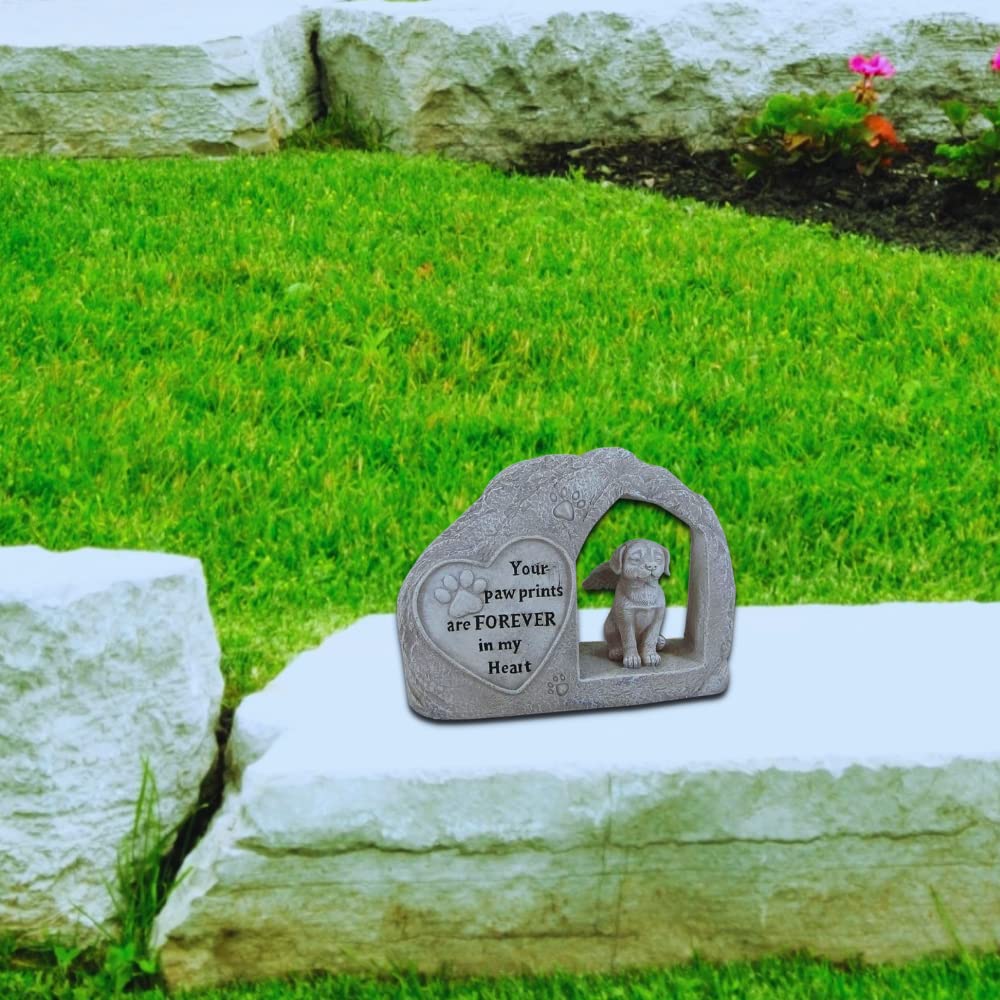 Comfy Hour Loving Memory Collection 7' Height Polyresin Memorial Dog Angel Pet Statue (Your Paw Prints Are Forever In My Heart), Handmade Light Gray, Stone Looking, For Your Home Or Garden