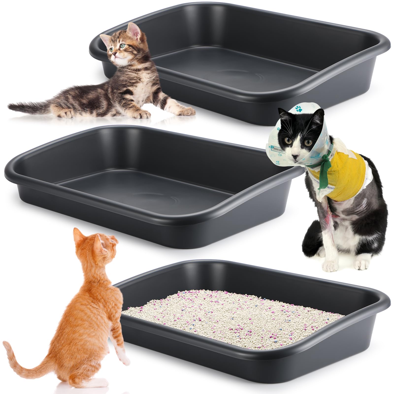 Uiifan 3 Pcs Low Entry Senior Cat Litter Box Large Size Pet Low Entry Open Top Litter Box For Senior Kitten Frail Handicap Disabled Older Elderly Cats, Easy To Clean(Dark Gray)