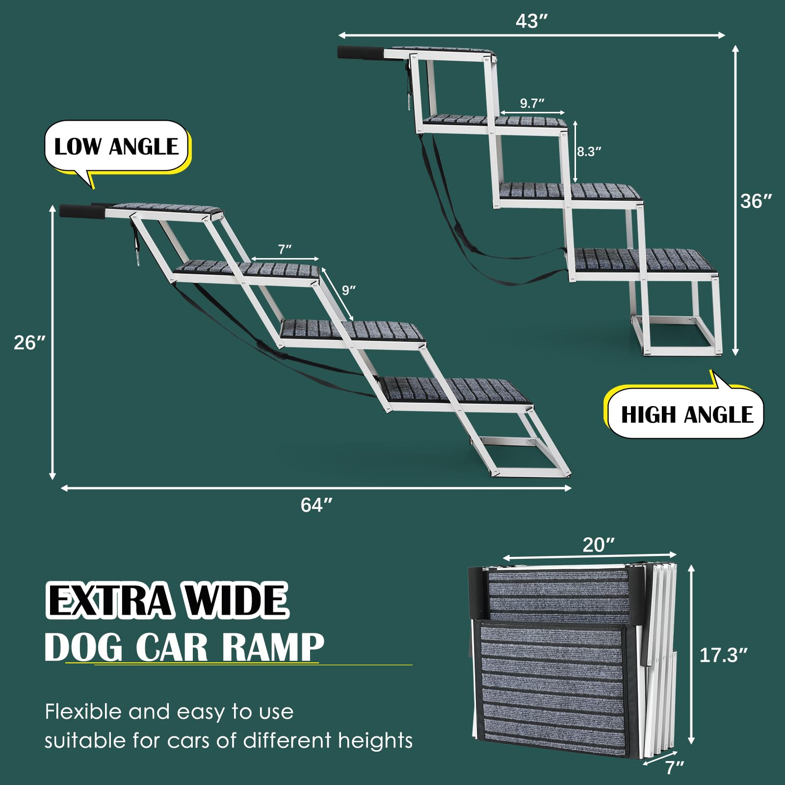 Dog Ramp for Car, Extra Wide Dog Car Stair for Large Dogs, Pet Steps Lightweight Aluminum Foldable Dog Steps for Cars and SUV,Hi