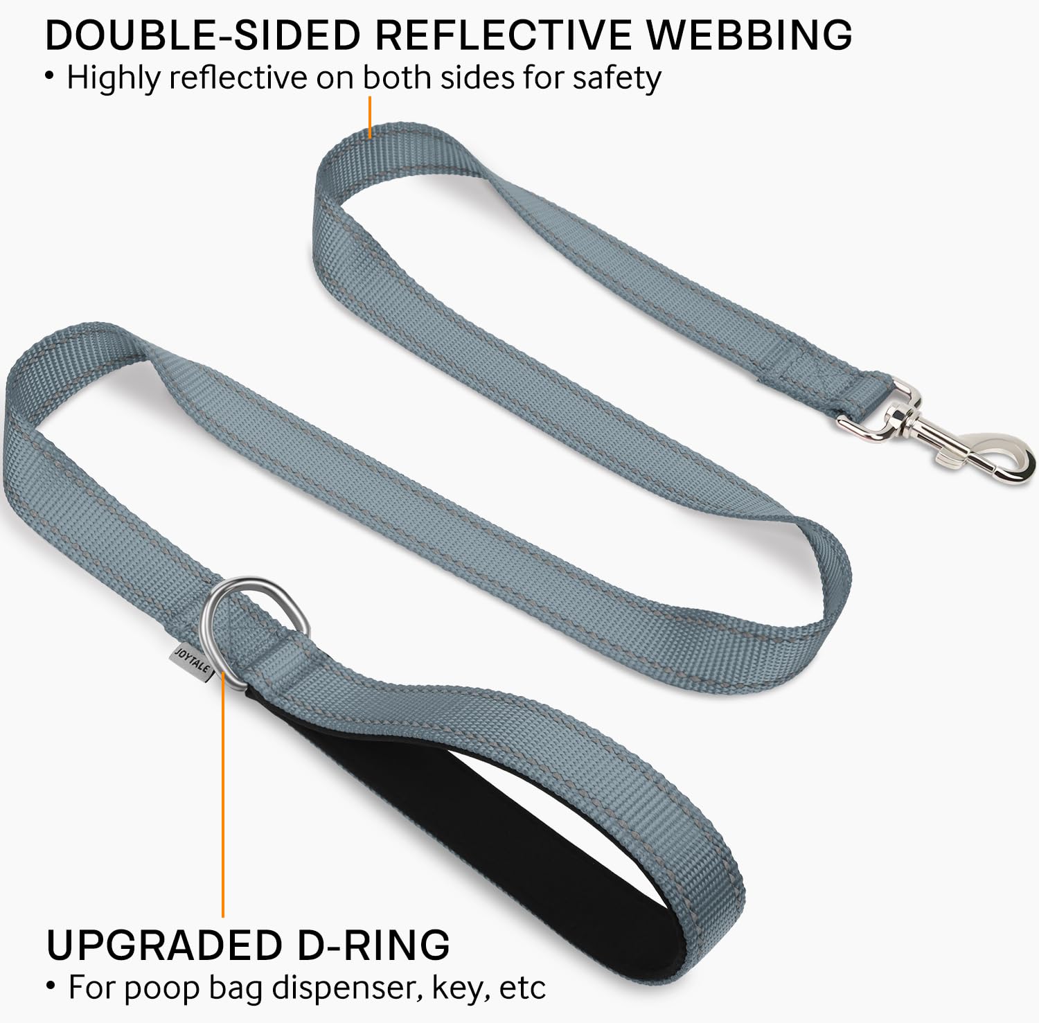 Joytale Double-Sided Reflective Dog Leash, 6 Ft/5 Ft/4 Ft, Padded Handle Nylon Dogs Leashes For Medium & Large Dogs Walking, Gray, 5Ft
