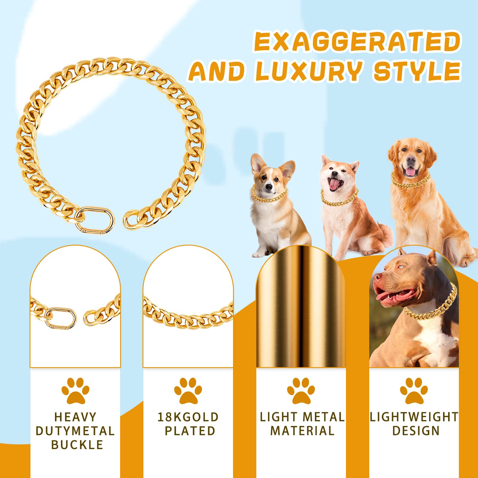 Baobote 19Mm Thick 18K Gold Plated Metal Dog Cuban Link Collar Gold Dog Chain Collar For Dogs(14 Gold)