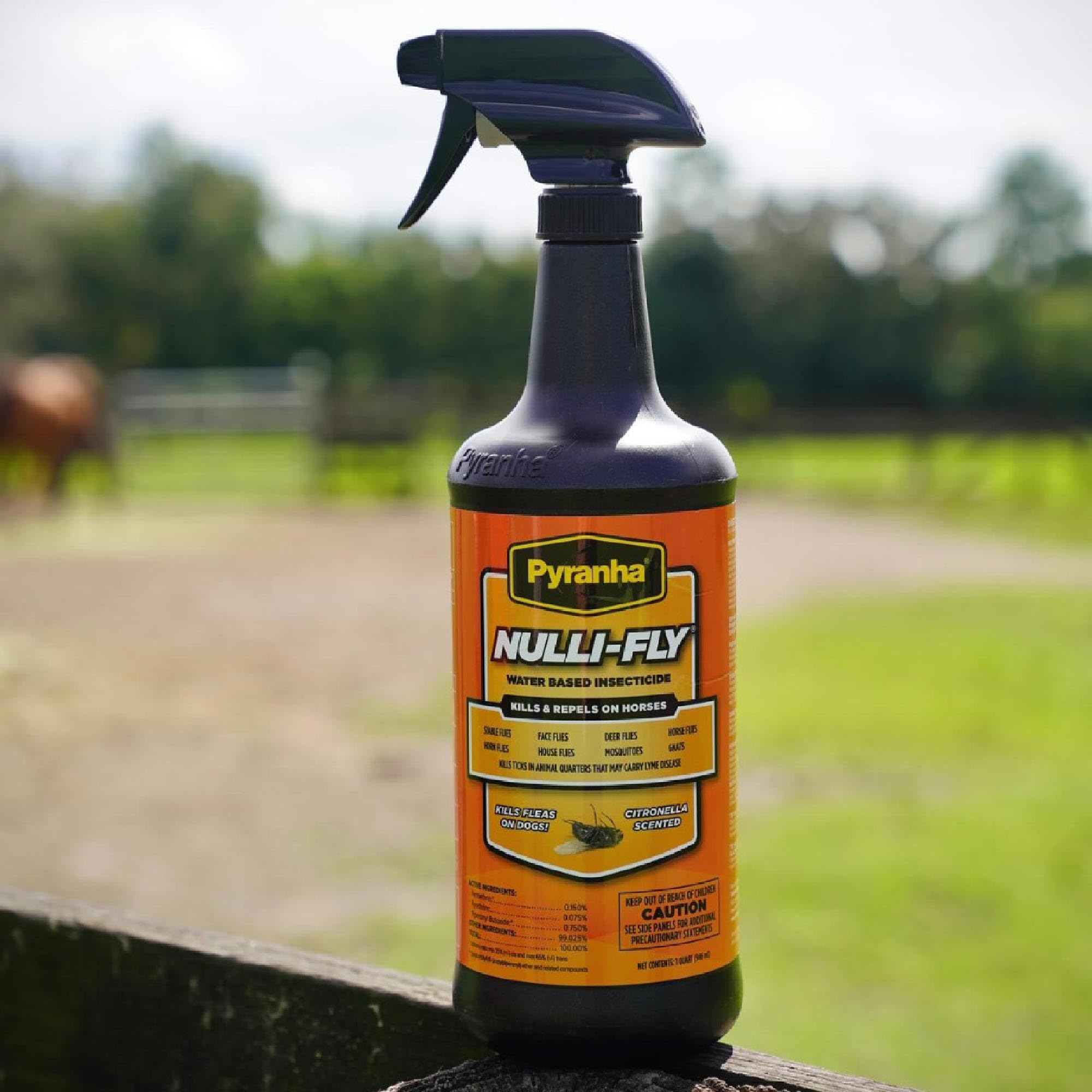 Pyranha Nulli-Fly Horse Fly Spray - Water-Based Formula for Sensitive Skin, Kills and Repels Flies, Gnats, Lice, Ticks, Ready to