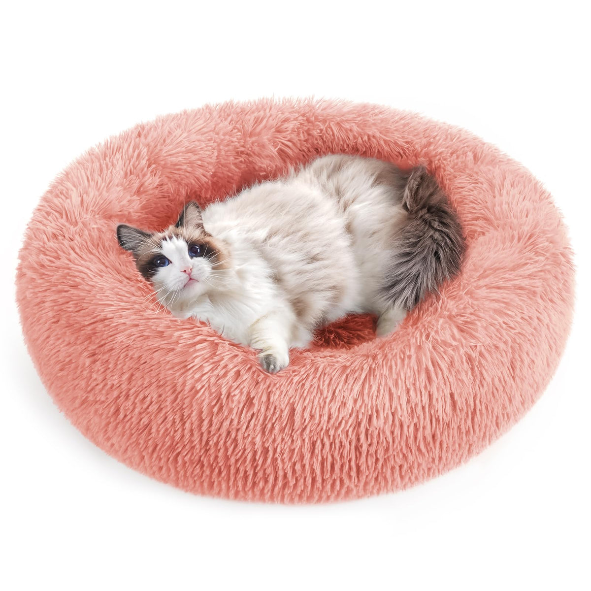 Rabbitgoo Cat Beds For Indoor Cats, 24 Inches Cat Bed Machine Washable, Fluffy Round Pet Bed Non-Slip, Calming Soft Plush Donut Cuddler Cushion Self Warming For Small Dogs Kittens, Pink, Large