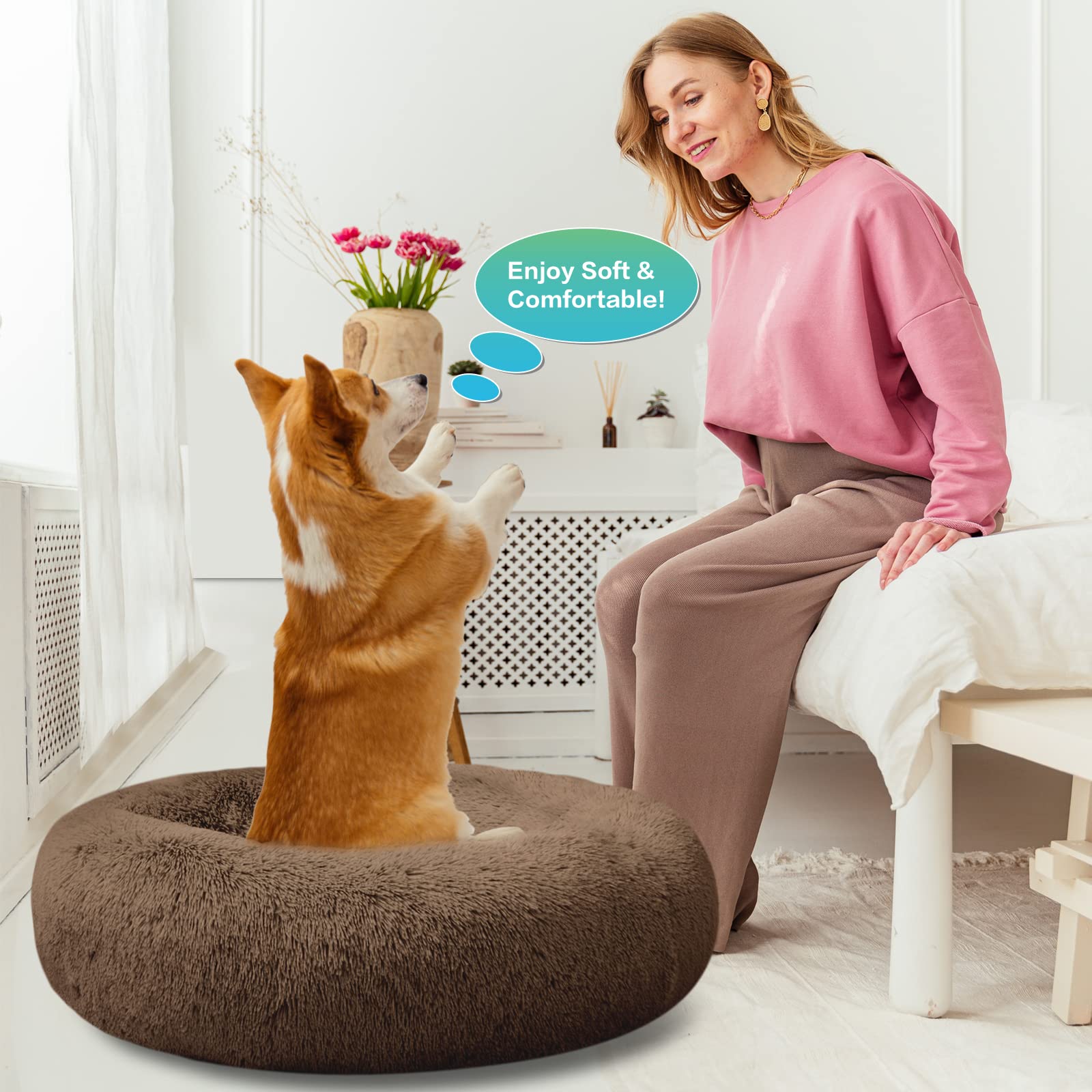 Savfox Plush Calming Dog Beds, Donut Dog Bed For Small Dogs, Medium, Large & X-Large, Comfy Cuddler Dog Bed And Cat Bed In Faux Fur, Washable Dog Bed, Multiple Sizes Xs-Xxl
