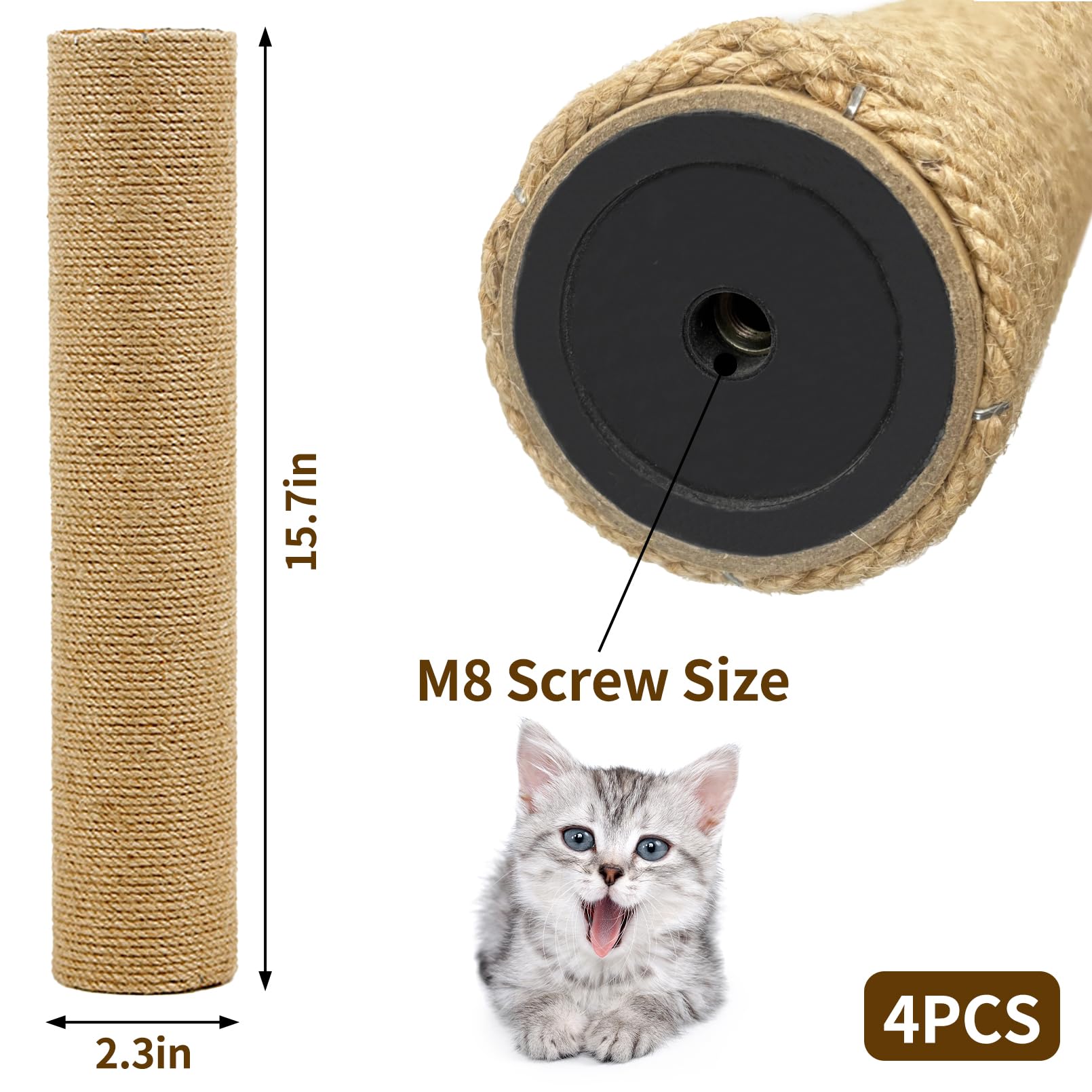Fhiny 4Pcs Cat Scratching Post Replacement 15.7'' Natural Jute Spare Extension Scratch Post For Cats Tree Diy Craft Refill Pole