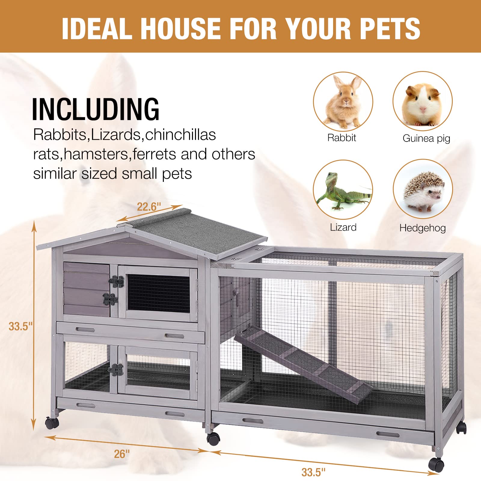 Bunny Cage Indoor And Outdoor Rabbit Hutch With Casters Waterproof Roof, Pull Out Tray From Back And Front 61.2' L X 22.6' W X 33.5' H