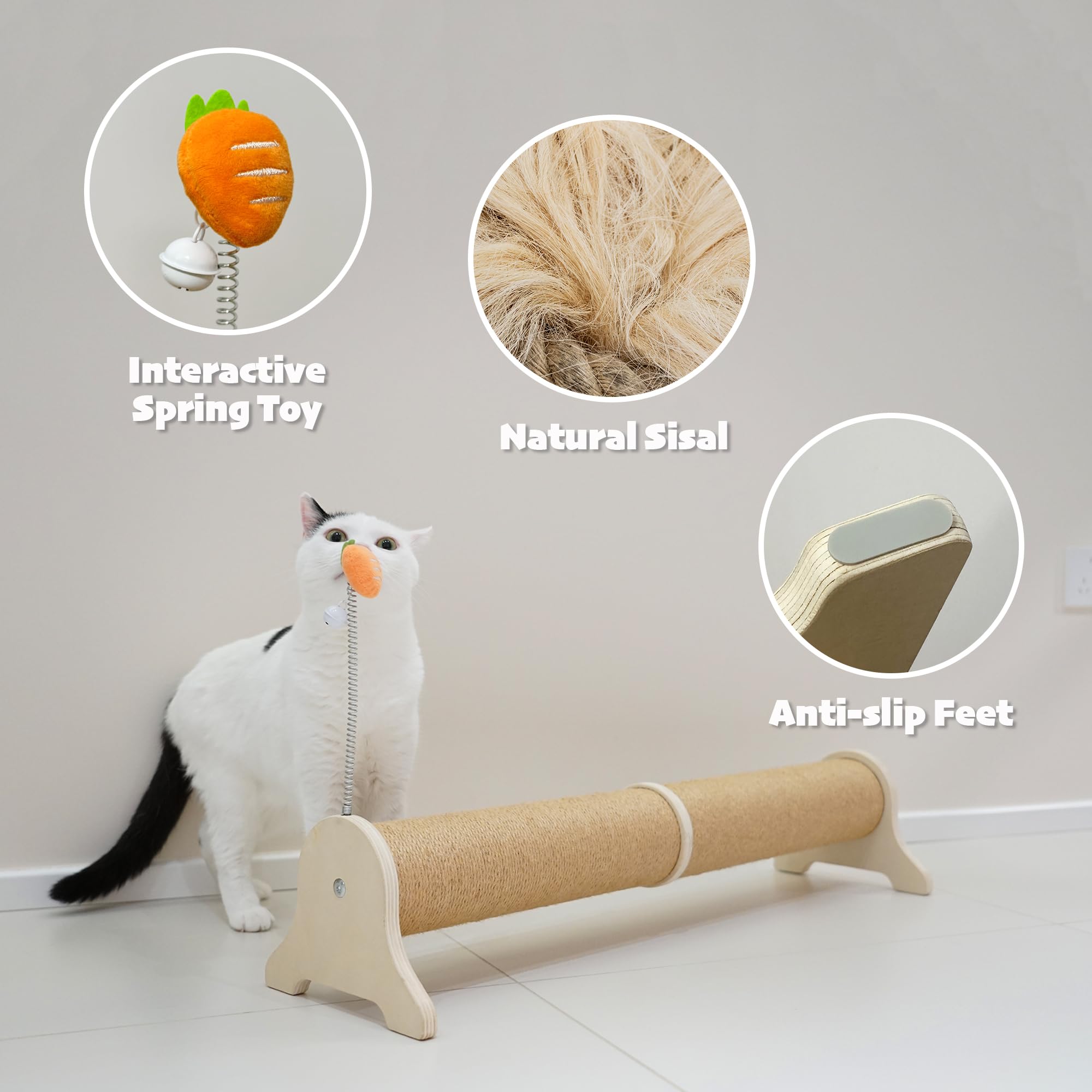 PETKARAY 30" Sisal Cat Scratching Post with Spring Toy, Beige, Model STR025-R, Large Cat Scratcher for Indoor Kittens, Protects Furniture