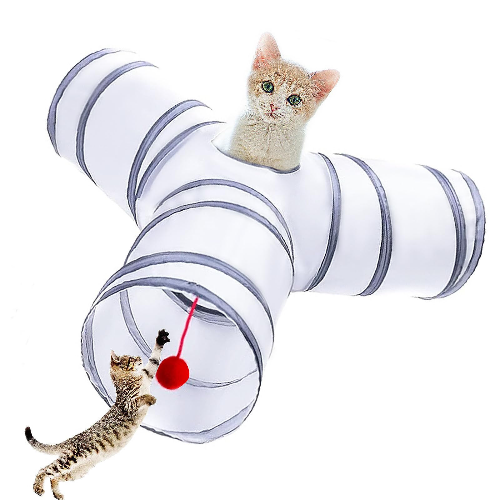 Deofun Cat Tunnel Tube Toys, Tunnels for Indoor Cats, 3 Way Colorful White Gray Collapsible Interactive Toy with Balls for Rabbi