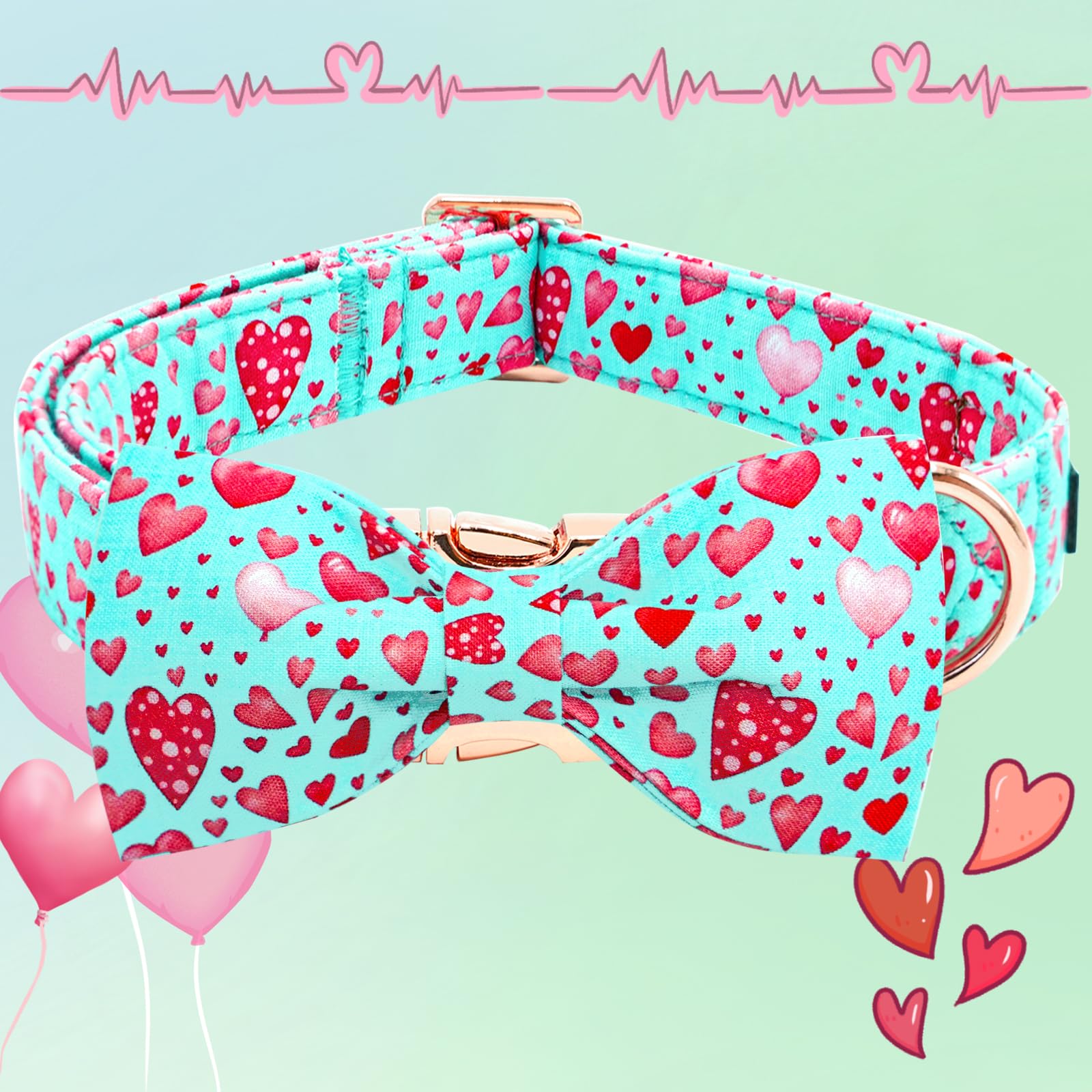 Elegant little tail Valentine's Dog Collar, Cute Pink Heart Dog Collar with Bow for Medium Dogs, Female or Male Adjustable Cotto