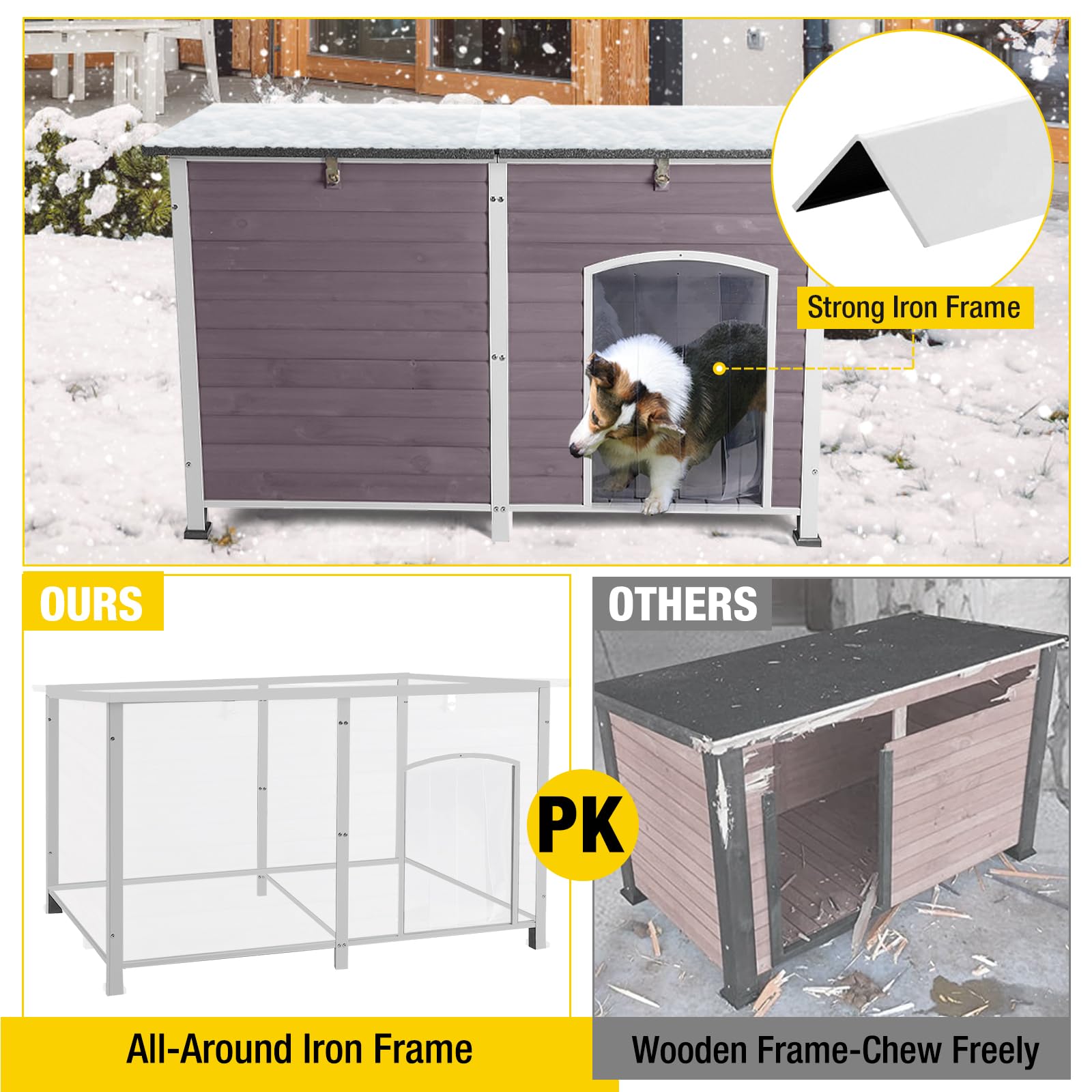 Aivituvin Outdoor Dog House 59'' Extra Large Insulated Dog Kennel With Insulation Liner For Winter,All-Around Iron Frame