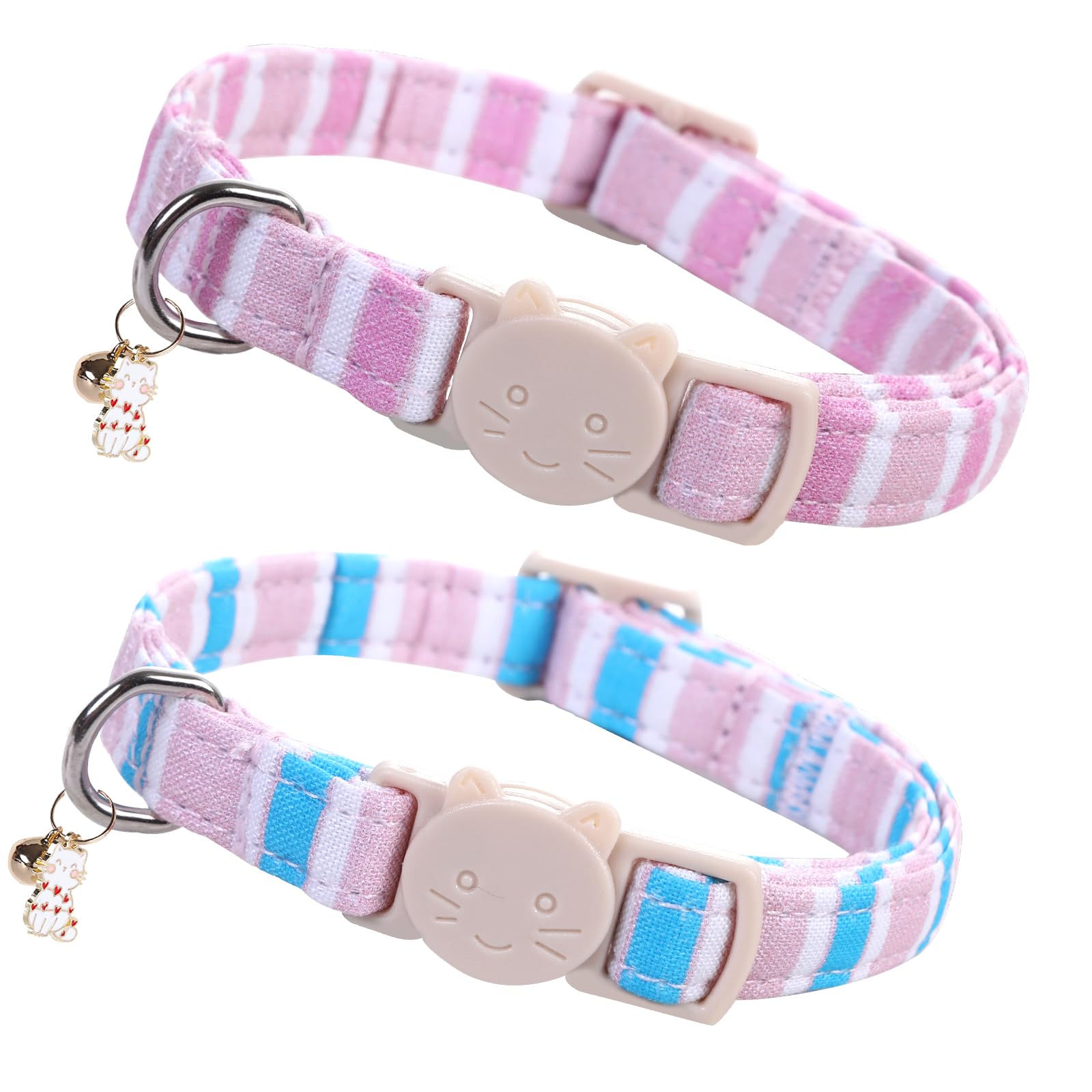 Elegant Little Tail 2 Pack Cat Collar-Pink Strip Cotton Breakaway Cat Collars With Bell Pendant Kitten For Girl Safety Adjustabl