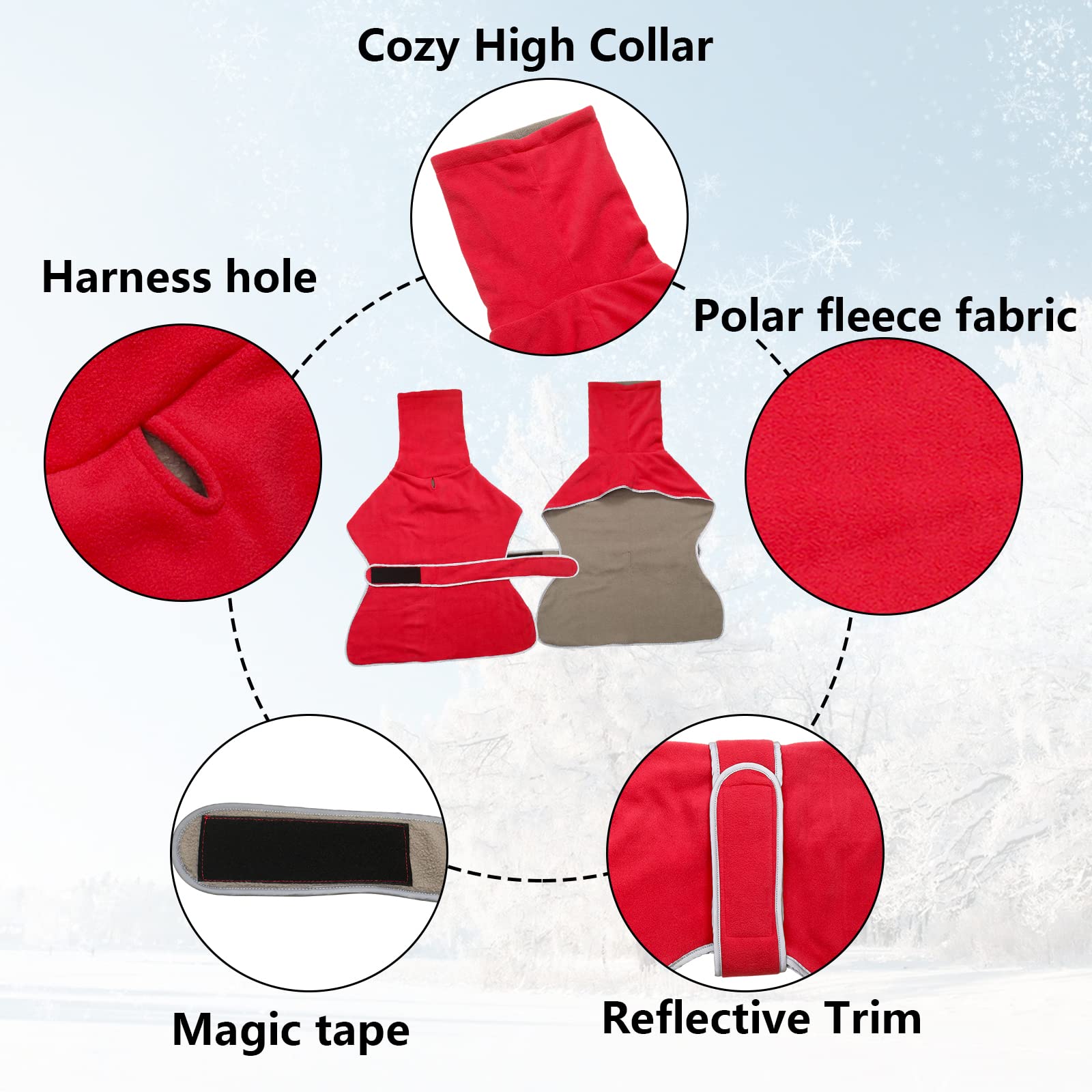 Geyecete Greyhound Cosy Fleece Jumper, Dog Winter Coat With Warm Fleece Lining, Outdoor Dog Apparel With Adjustable Bands For Medium, Large Dog -Red-Xl