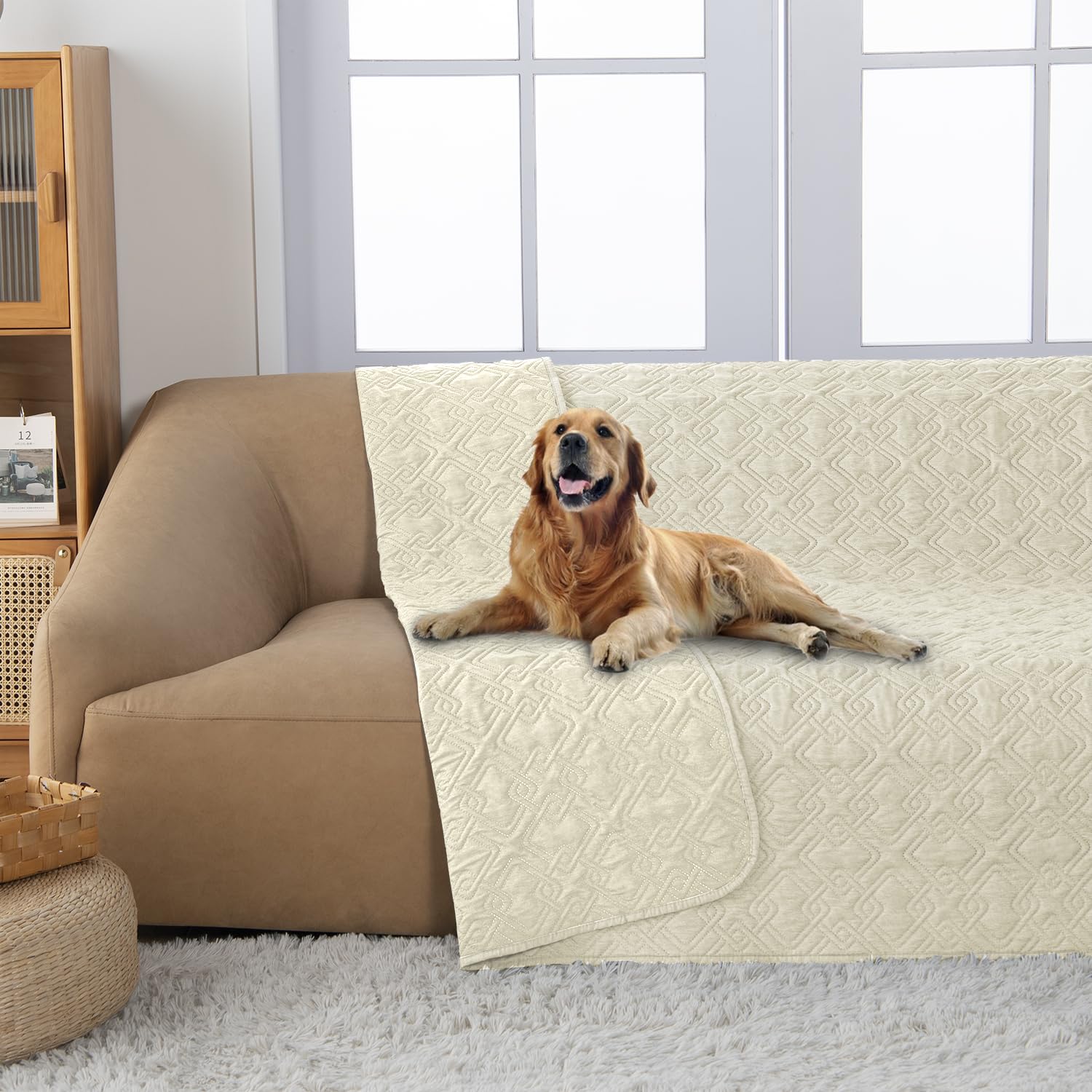 Fuguitex Waterproof Dog Bed Cover Dog Blanket For Pet Furniture Bed Couch Sofa Reversible Linen Texture(52'*82',Cream+ Cream)