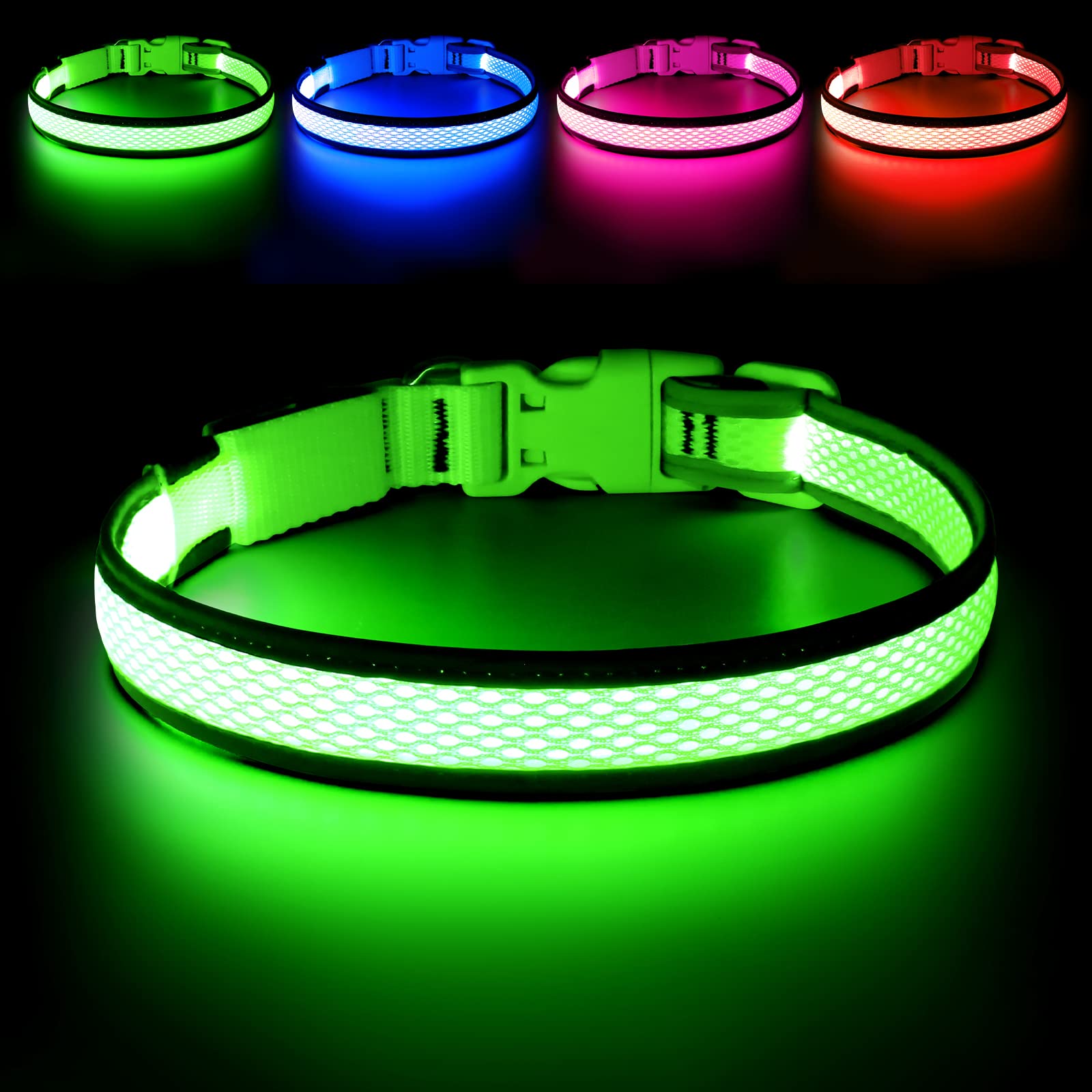 Flashseen Led Dog Collar,Usb Rechargeable Light Up Dog Collar Lights,Adjustable Comfortable Soft Mesh Safety Dog Collar For Small, Medium, Large Dogs(Small, Neon Green)