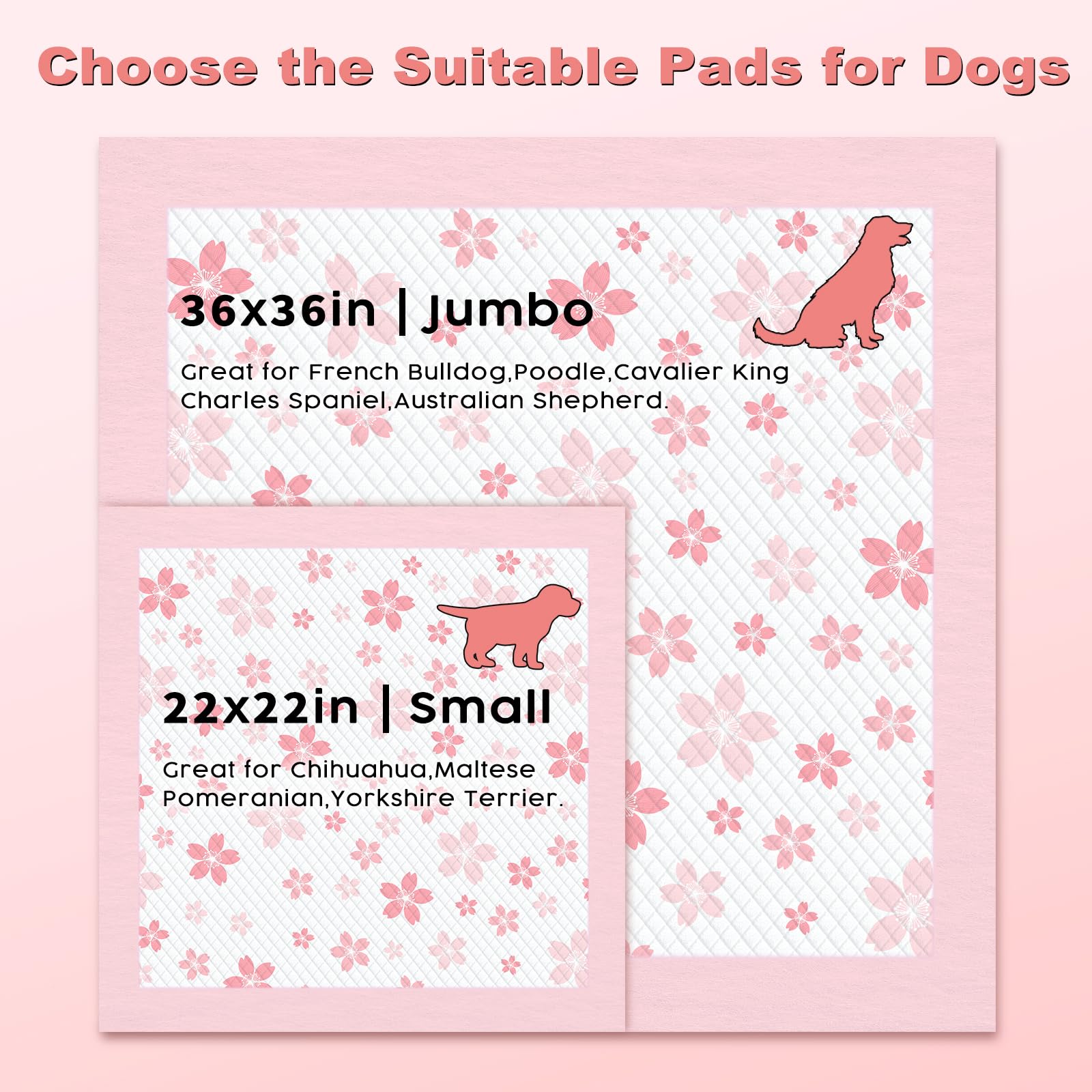 MIZOK 36x36in Puppy Pads Pink, Dog Pee Pads Leak-Proof with Quick-Dry Surface, Dog Pads Extra Large with Cherry Blossom Prints,