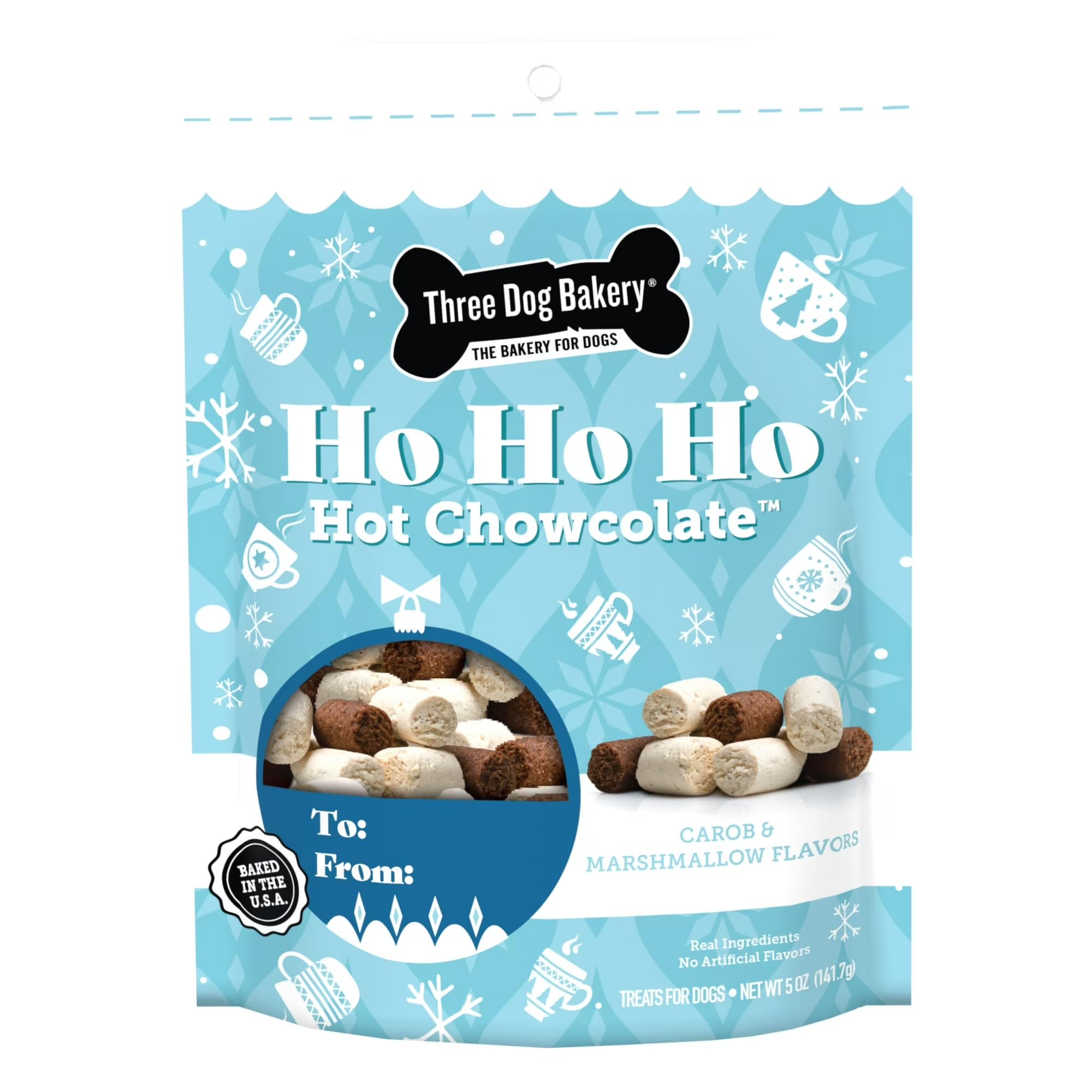 Three Dog Bakery Ho Ho Ho Hot Chowcolate - Festive Dog Treats, Carob & Marshmallow Wafers for Pups, Natural Dog Training Treats
