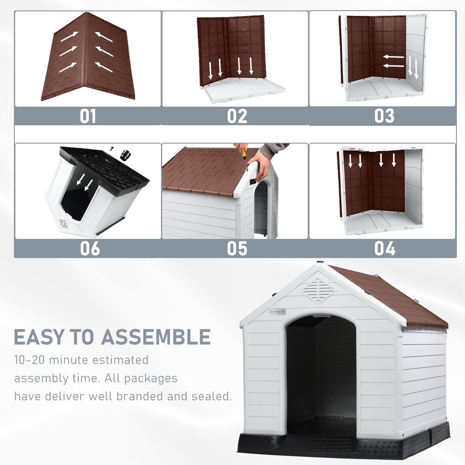 Lemberi Durable Waterproof Plastic Dog House For Small To Large Sized Dogs, Indoor Outdoor Doghouse Puppy Shelter With Elevated Floor, Easy To Assemble (Brown, 42''L*38''W*39''H)