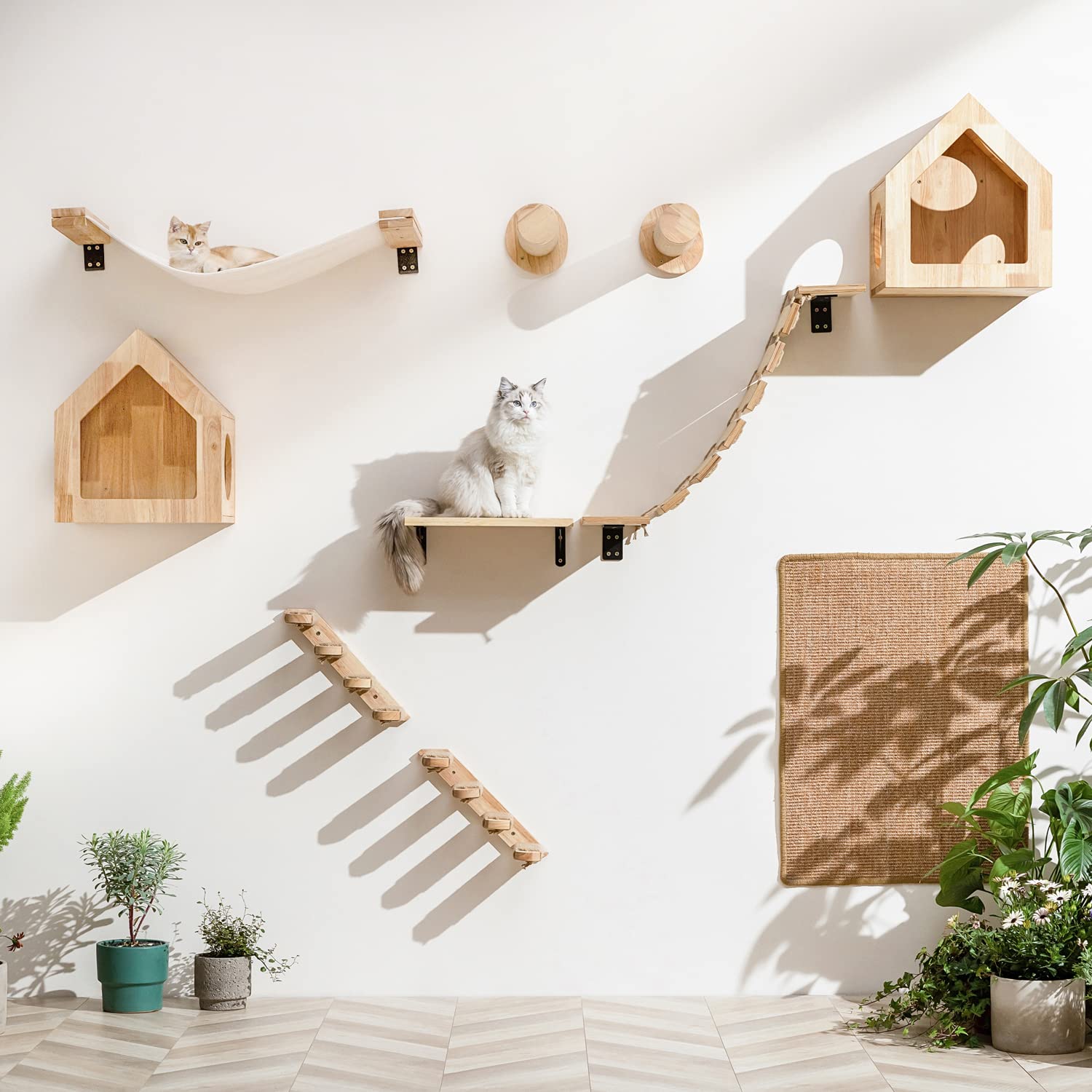 Fukumaru Cat Bridge Wall Mounted, 12.8-Inch Expanded Feline Perch & Climbing Steps For Custom Kitten Highway Systems, Multi-Level Wall Shelves Furniture
