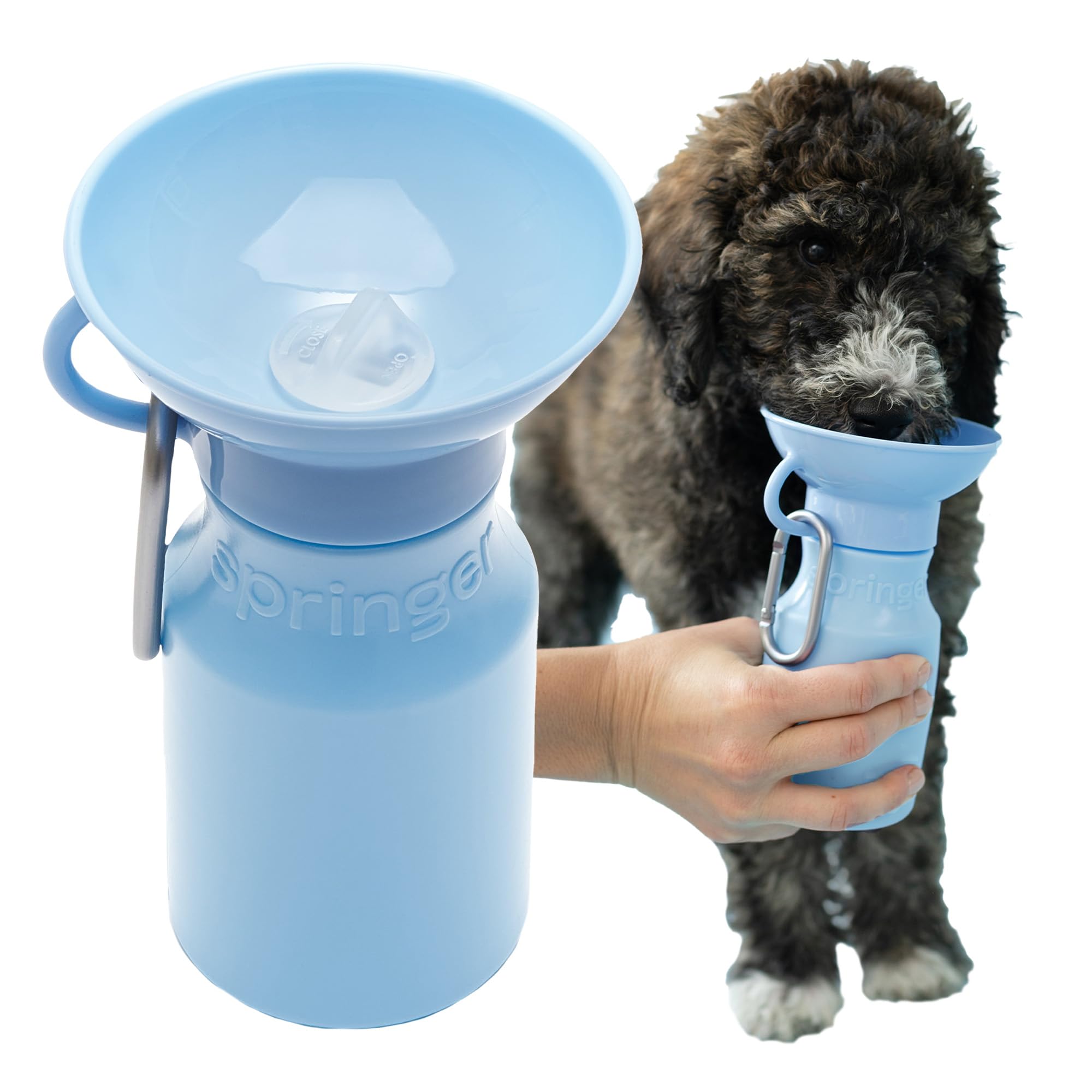 Springer Dog Travel Water Bottle | As Seen On Shark Tank | Patented, Leak-Proof, Portable Water Bottle For Dogs | Bpa-Free 15Oz Mini Skly Blue