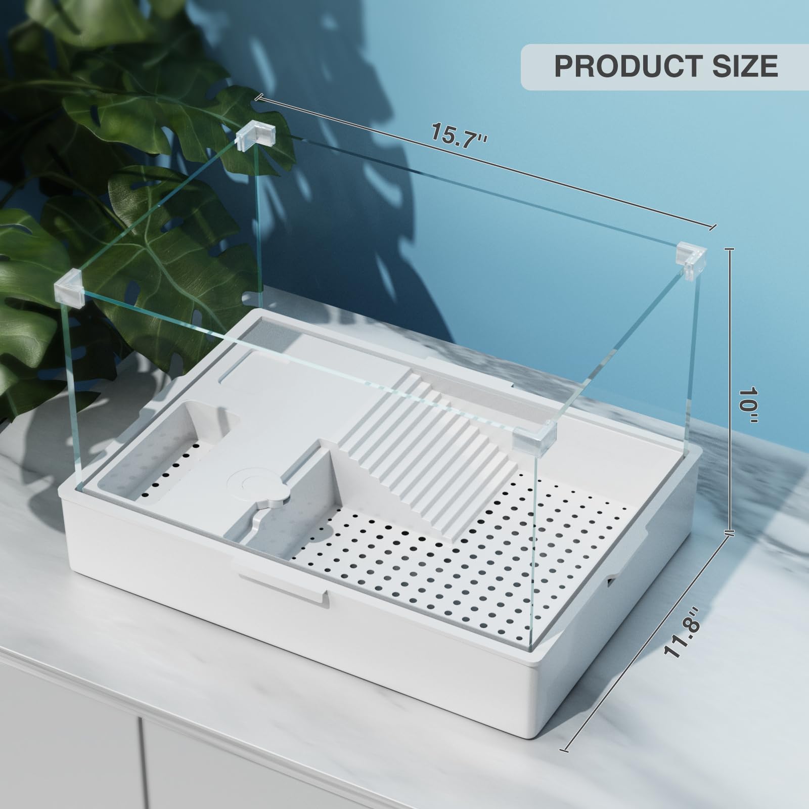 Geegoods Turtle Tank With Light And Water Pump, Aquarium With Platform Plants For Pet Reptile Habitat (15.7''X11.8''X10'')