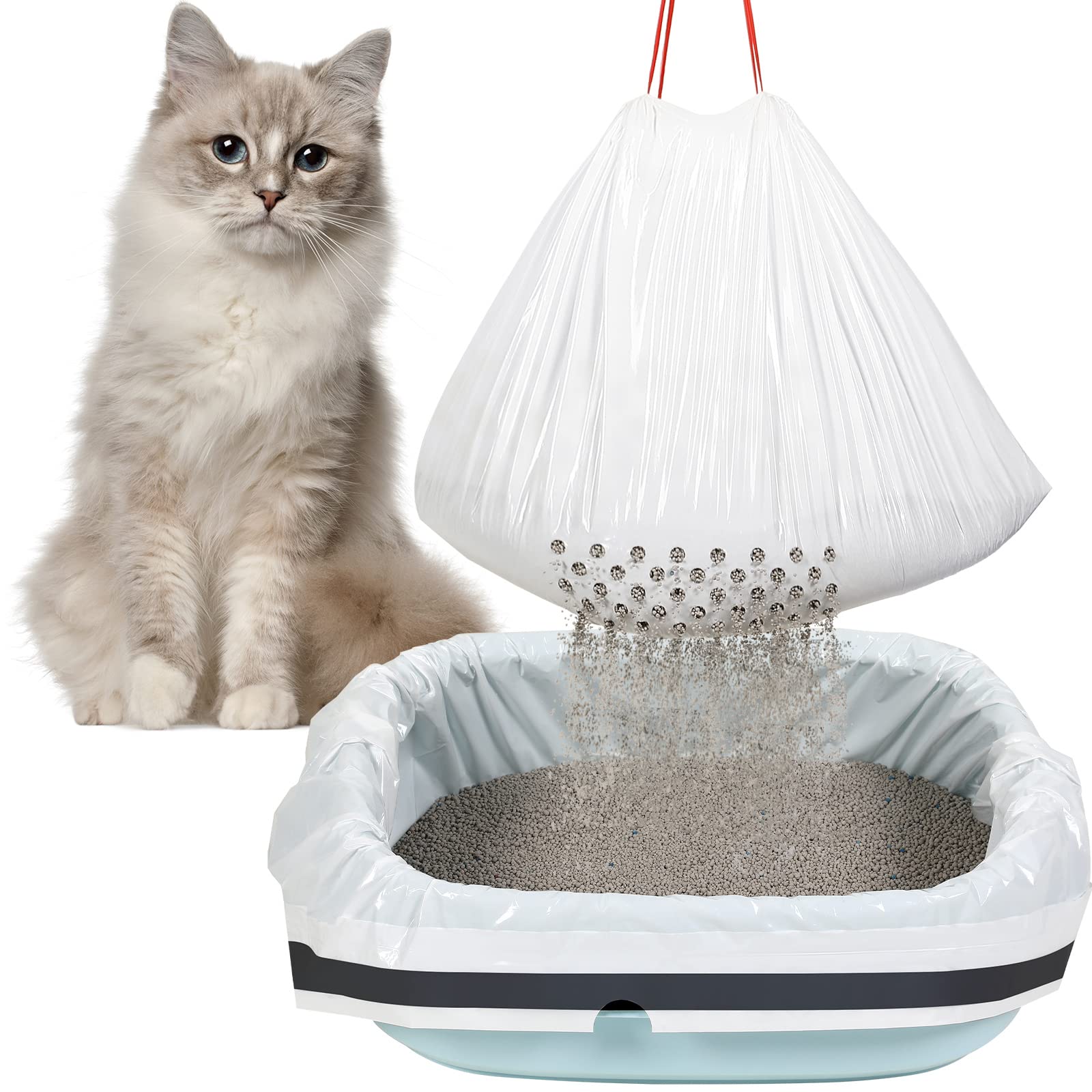56 Count Sifting Cat Litter Bags Jumbo Thick Cat Litter Box Liners with Holes Disposable Extra Large Feline Pan Liners with Draw