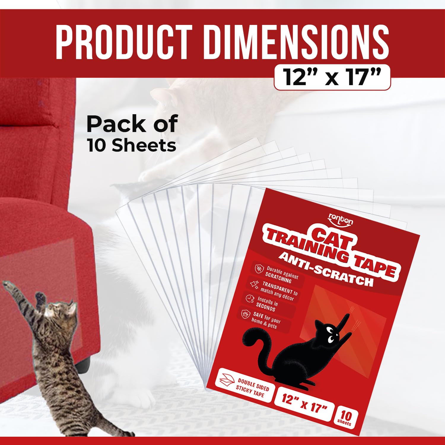 Ronton Anti Cat Scratch Deterrent Sheets - Anti Cat Scratch For Furniture | 100% Transparent - Double Sided Cat Training Tape |