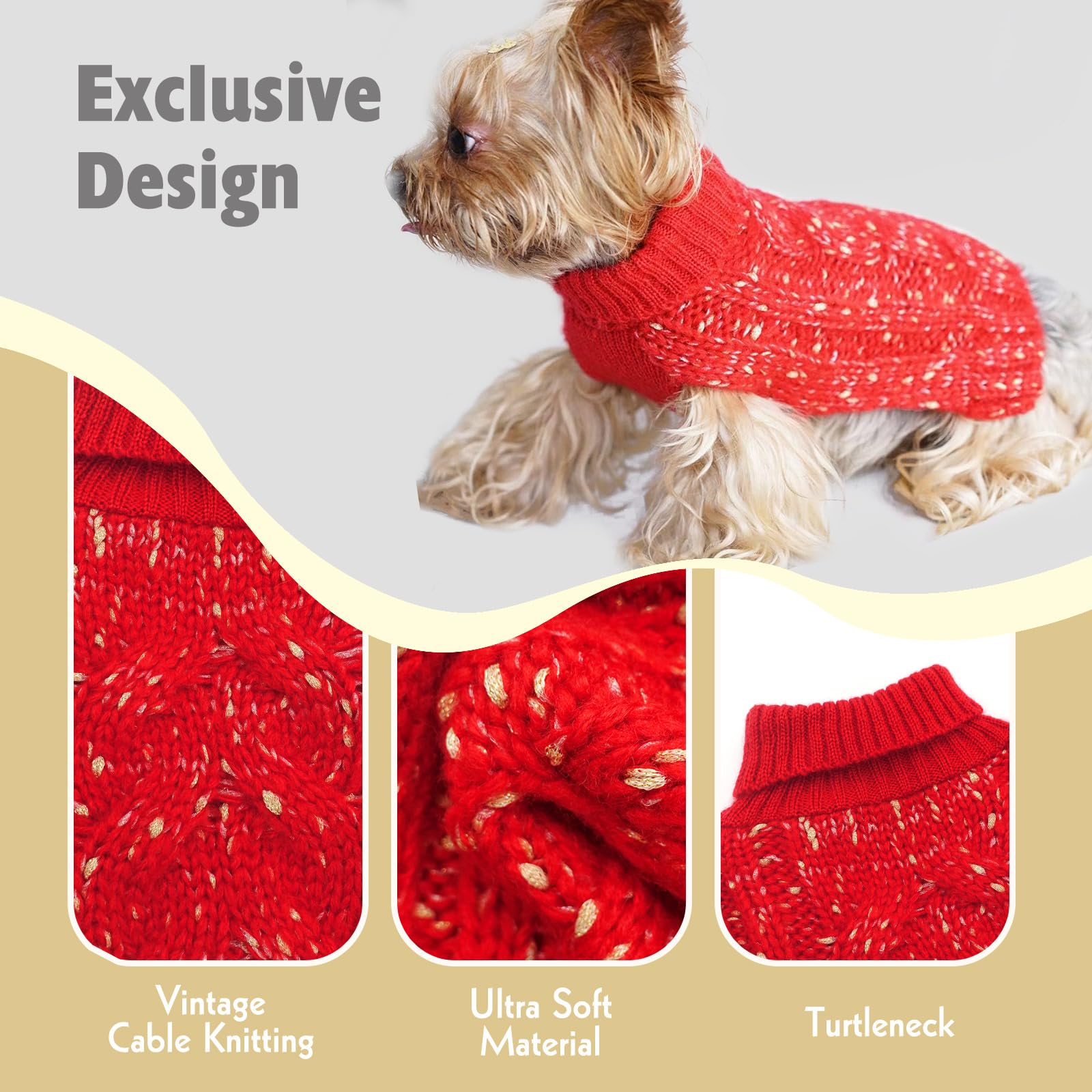 Kyeese Dogs Sweaters Knit Pullover Doggie Sweaters Warm Pet Sweater Small For Fall Winter With Golden Yarn Decors Red (Large)